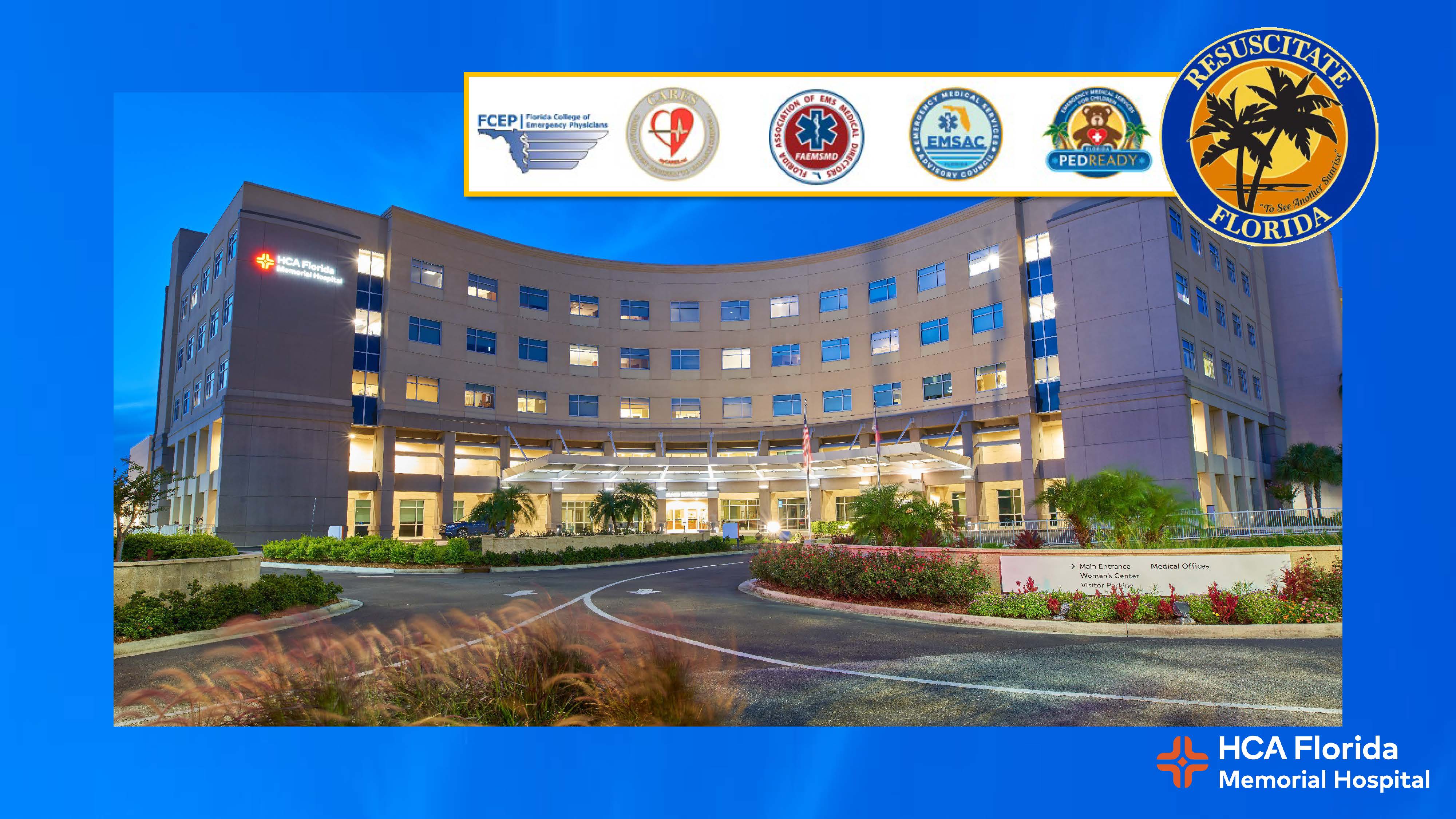 Exterior photo of HCA Florida Memorial Hospital with Comprehensive Resuscitation Center of Excellence seal and related awards