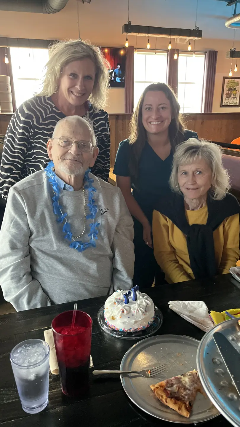Pictured is Michael Holton with his wife Vicky and his speech language therapist Elizabeth Klein and his daughter, Tory Daughrity, at his birthday outing the day before discharge.