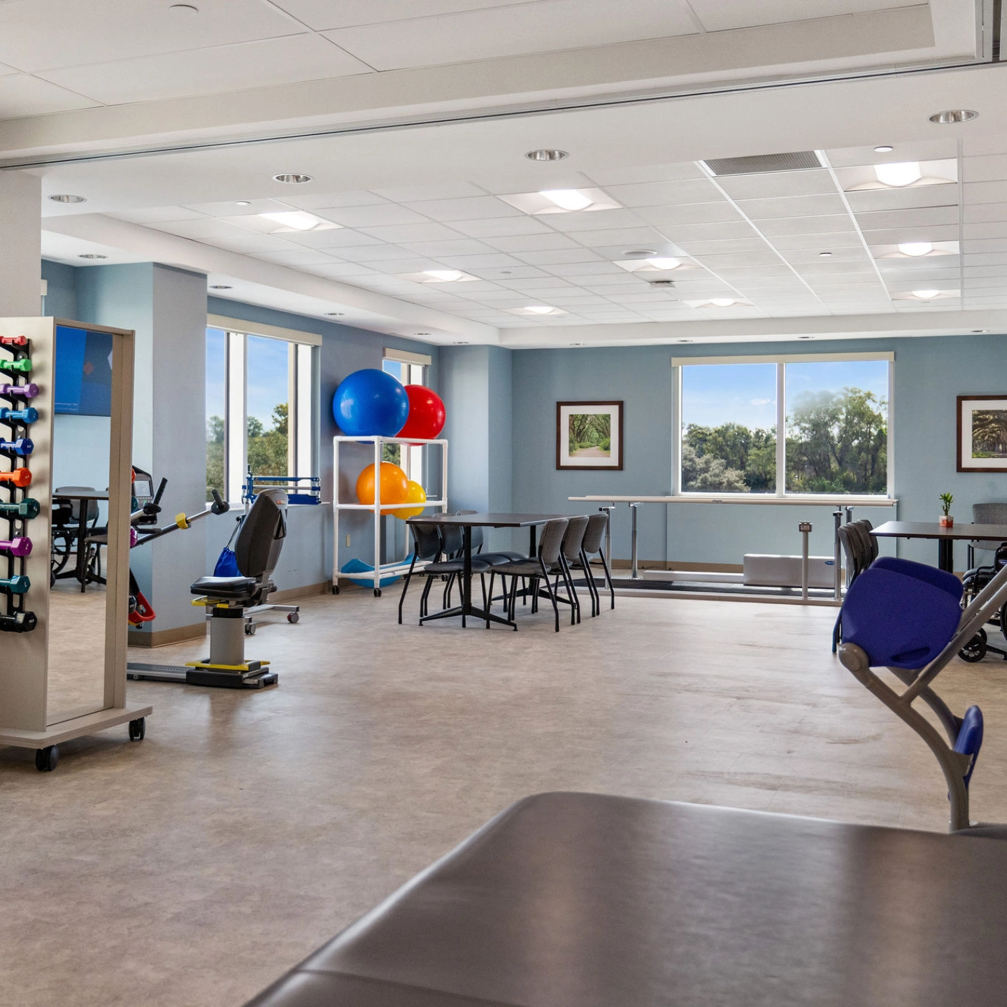 The expanded gym on the third floor of the new inpatient rehabilitation unit expansion at HCA Florida West Marion Hospital. Another gym is located on the first floor.