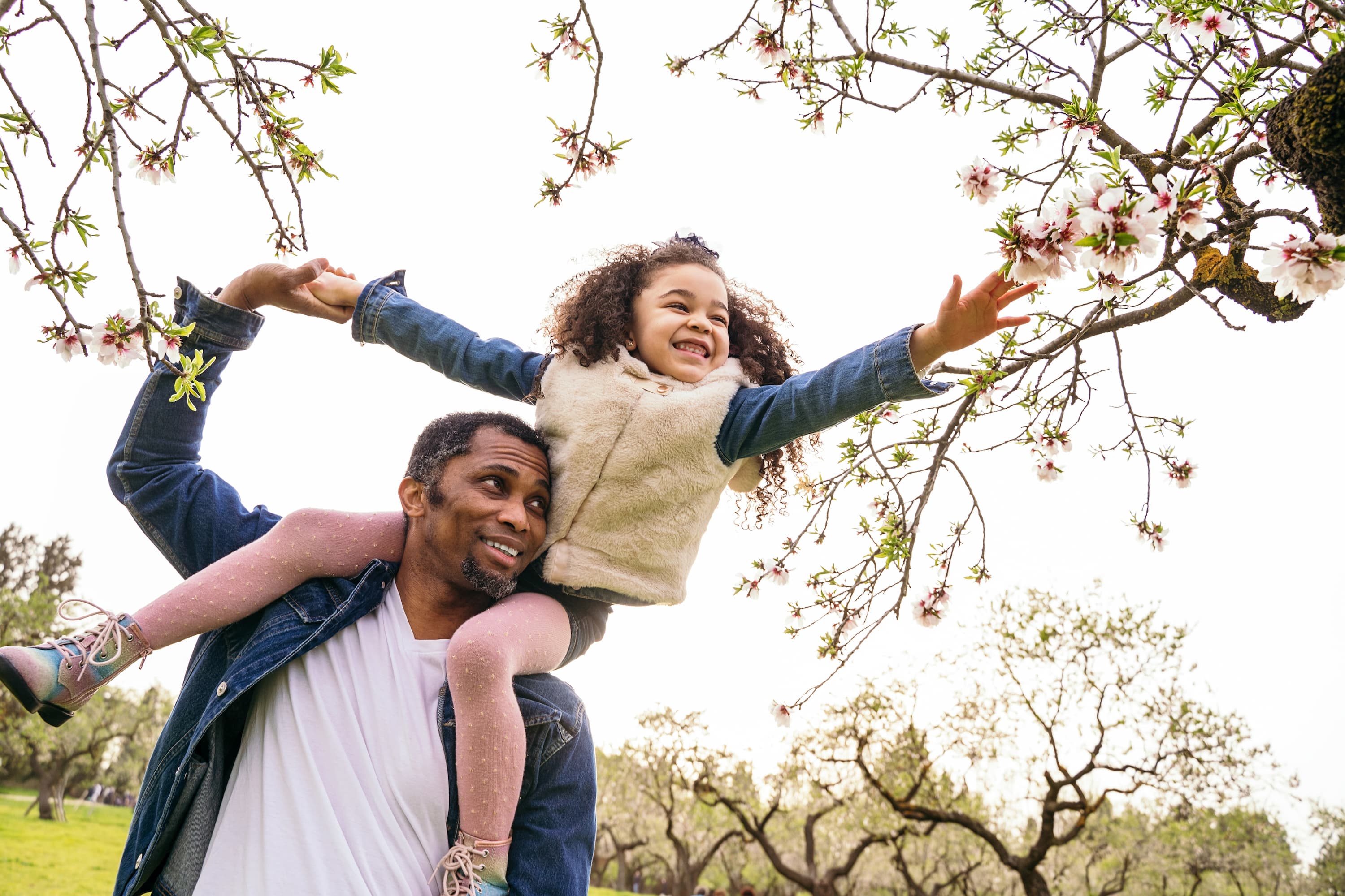 A smiling child sits on an adult’s shoulders, reaching toward spring blossoms on a tree branch in a sunny park.