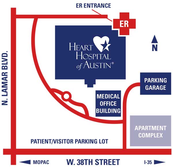 Campus map of the Heart Hospital of Austin facilities that include the hospital, parking garage and a medical office building.