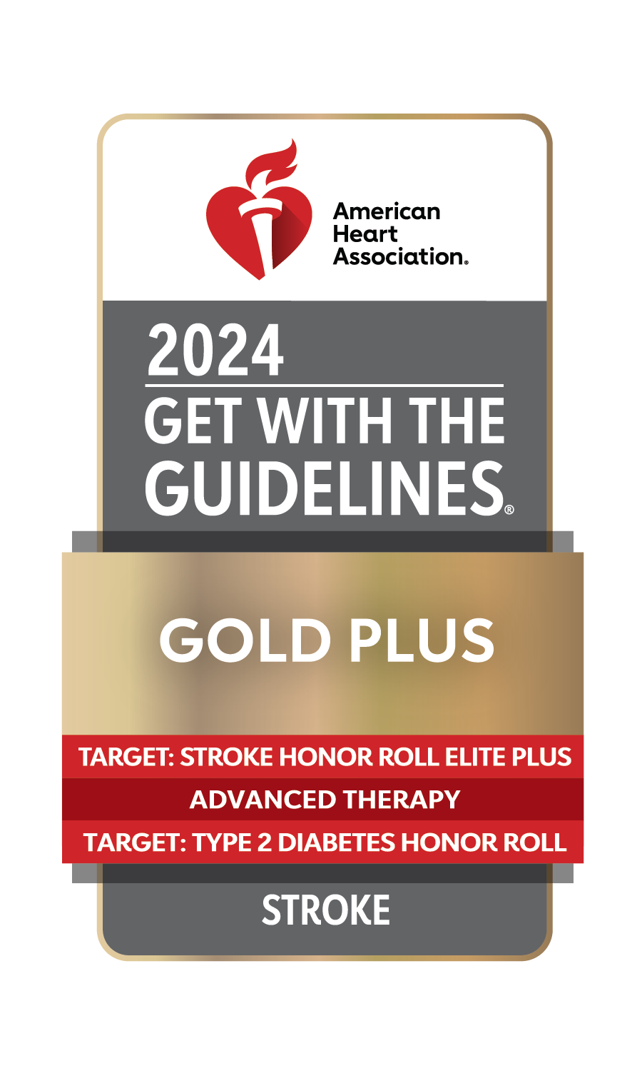 Awards illustration reads: Amercian Heart Association 2024 Get With The Guidelines Gold Plus, Target: Stroke Honor Roll Elite Plus, Advanced Therapy, Target: Type II Diabetes Honor Roll, Stroke.