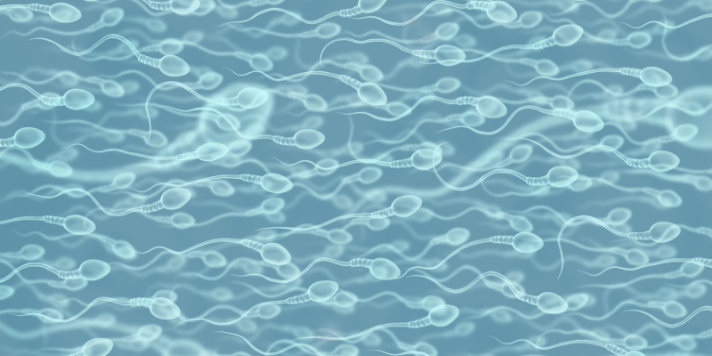 A 3D illustration of white sperm cells of various sizes swimming, over a teal background.