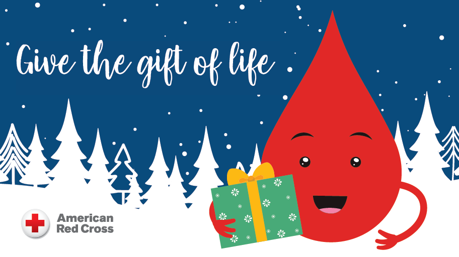 Give the gift of life. American Red Cross.  A happy animated blood drop holds a wrapped present.