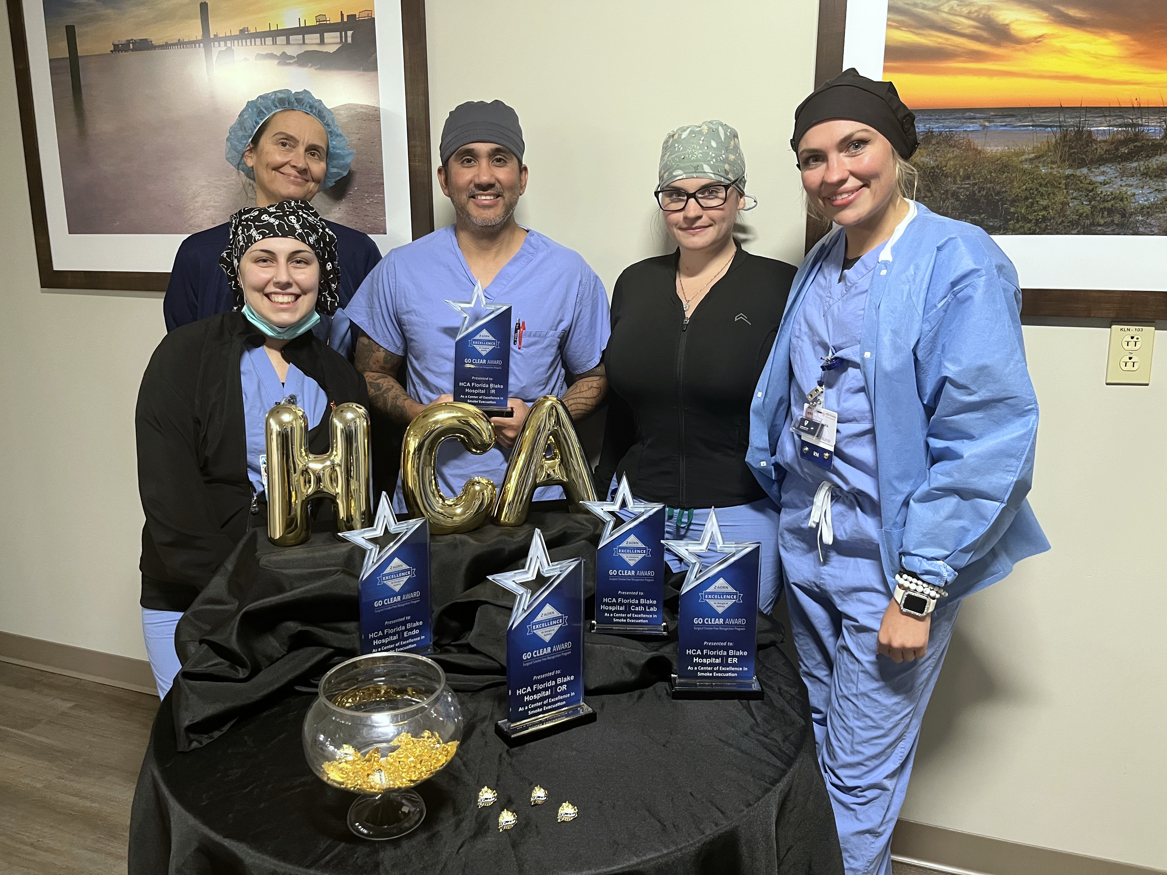 HCA Florida Blake Hospital's surgical team celebrates earning to AORN Go Clear Award for creating a smoke-free surgical environment.