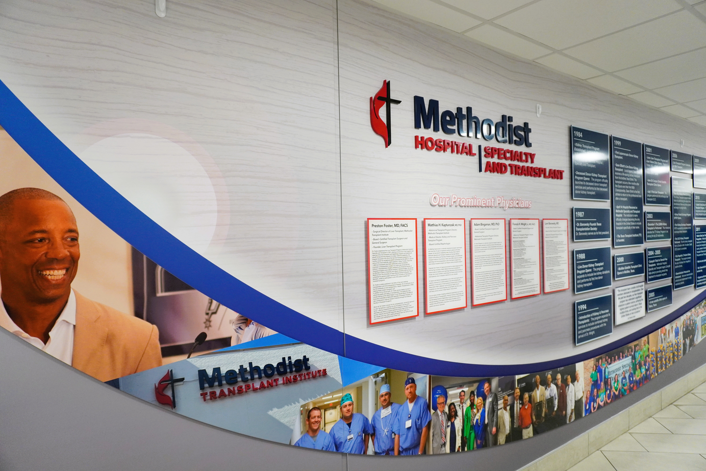 Photo showing of a new history wall in Methodist Hospital Specialty and Transplant.