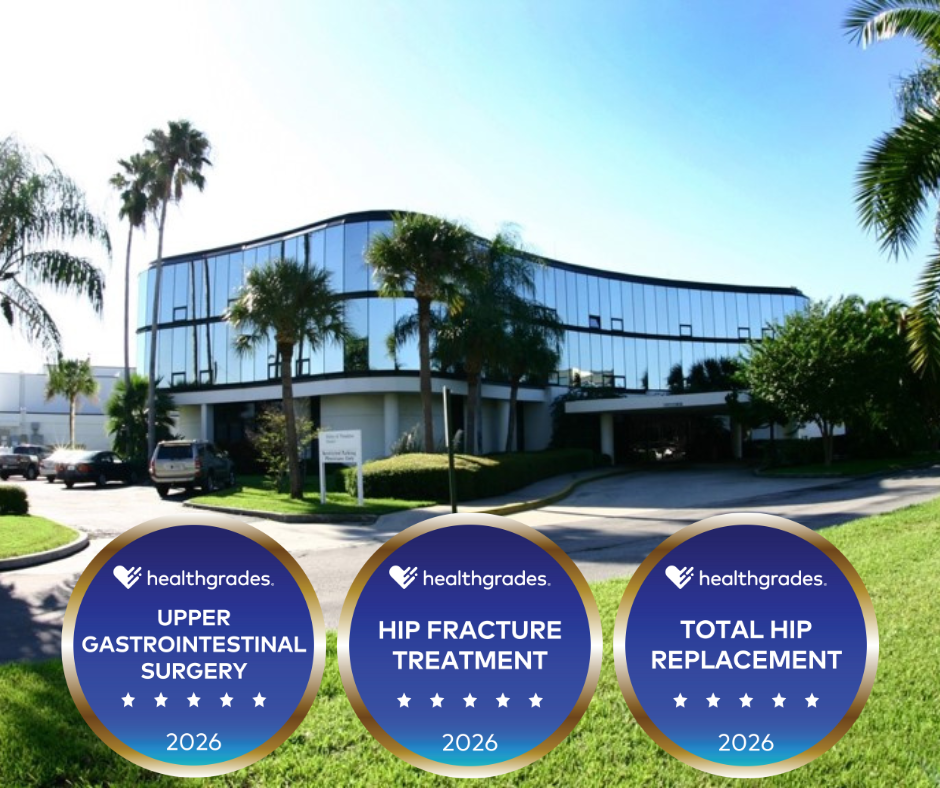 Picture of Pasadena Hospital with 3 "Upper Gastrointestinal Surgery", "Hip Fracture Treatment", and "Total Hip Replacement" 2026 Healthgrades award seals.