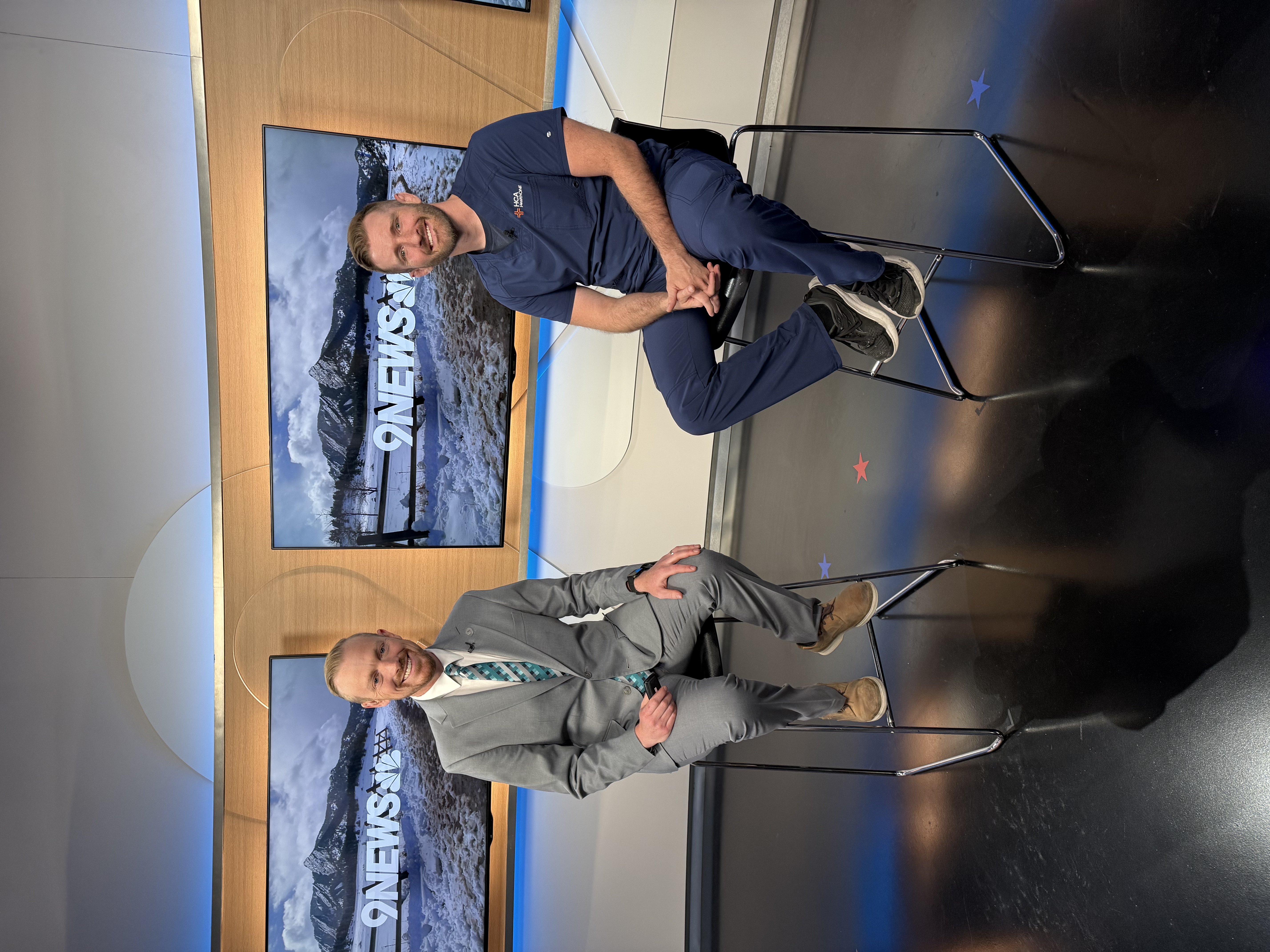 Morgan Jared and a 9 News host are seated in chairs on the TV station's set