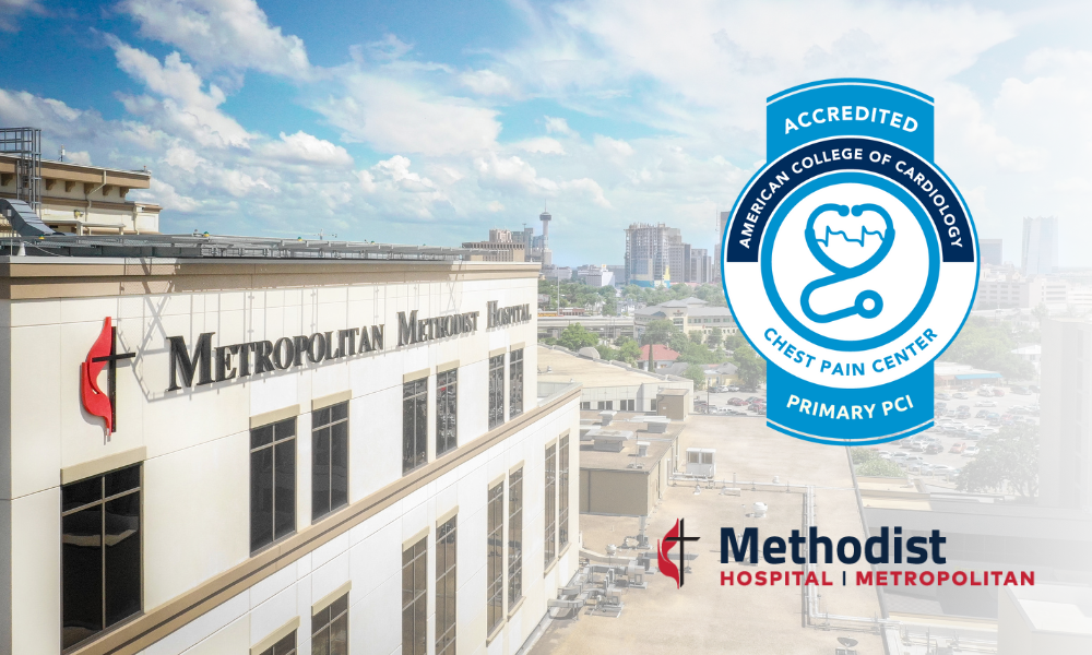 The exterior of Methodist Hospital Metropolitan with a seal overlaid that reads, "Accredited - American College of Cardiology Chest Pain Center - Primary PCI".