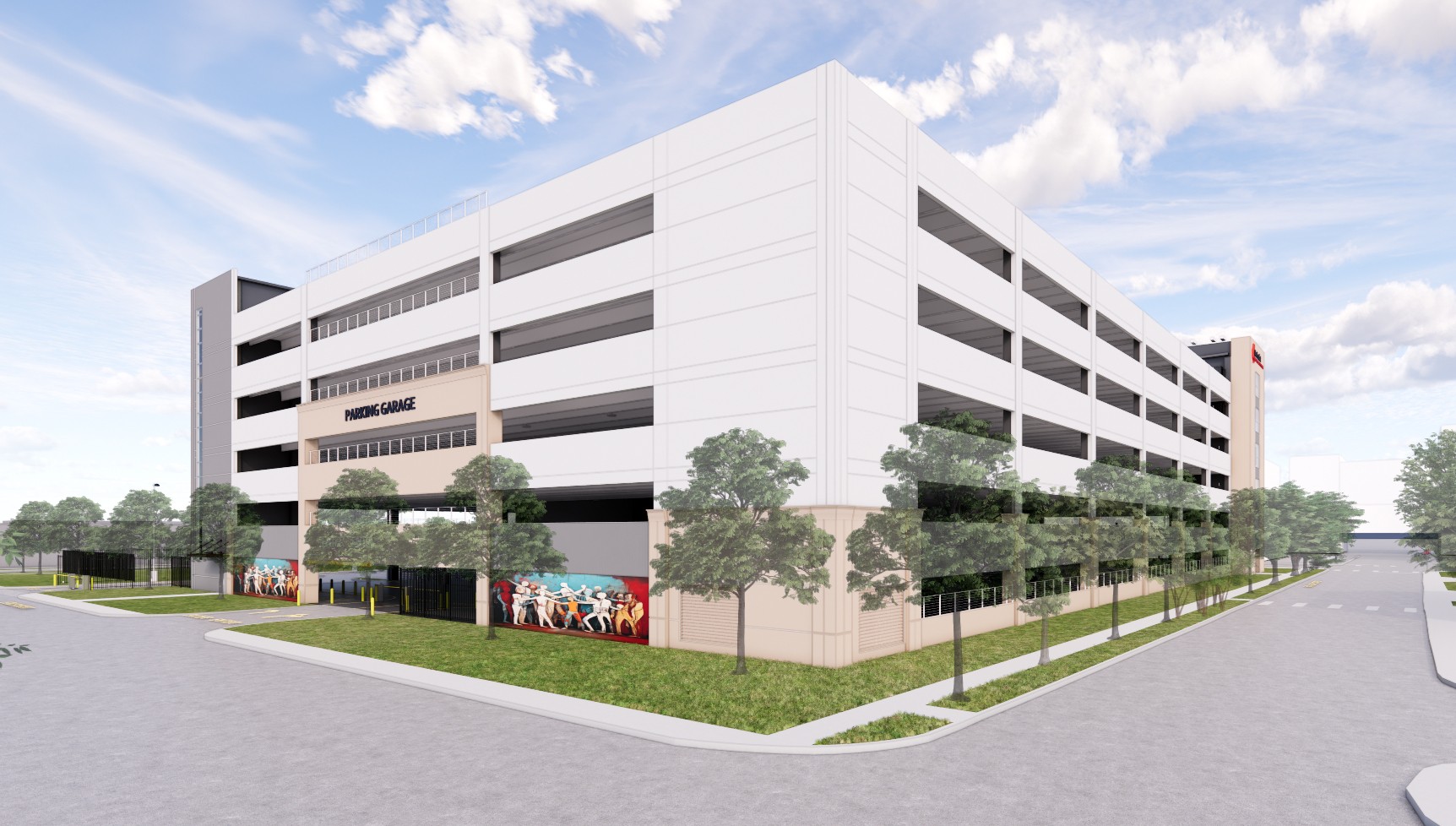 Rendering of the new parking garage with the artwork on the outside.