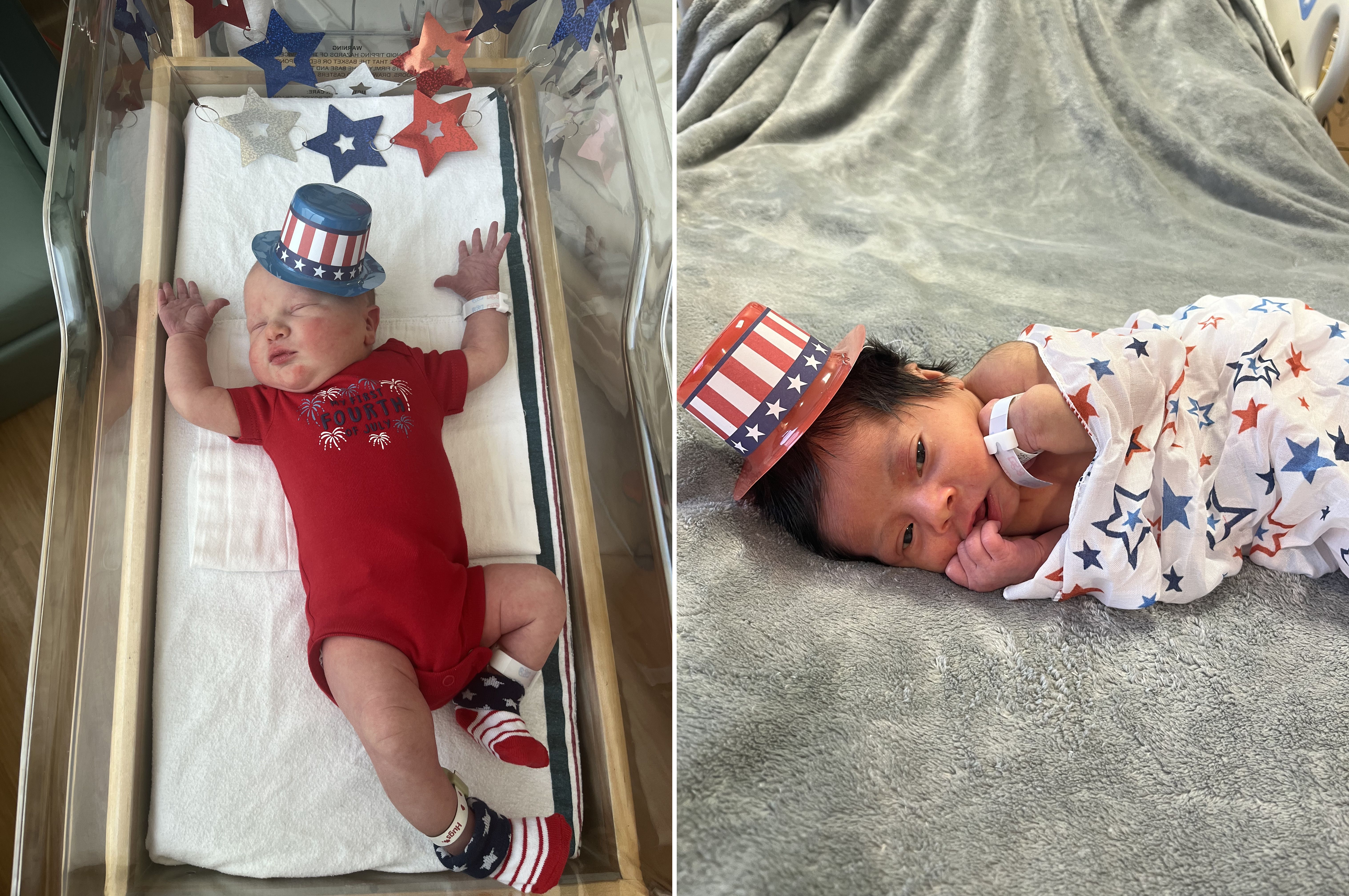 Newborn babies dressed in 4th of July attire