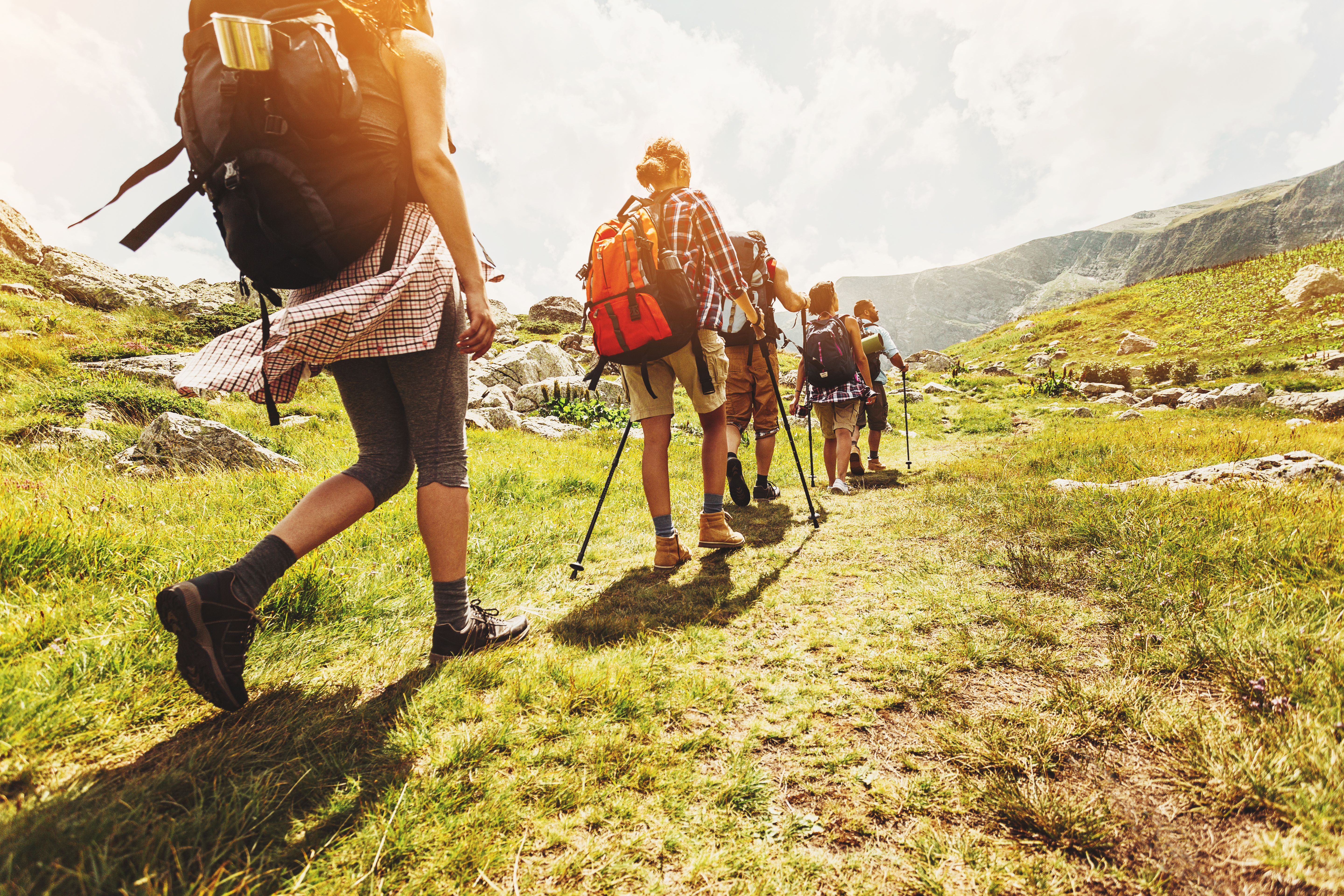 Group of hikers walking in a line.