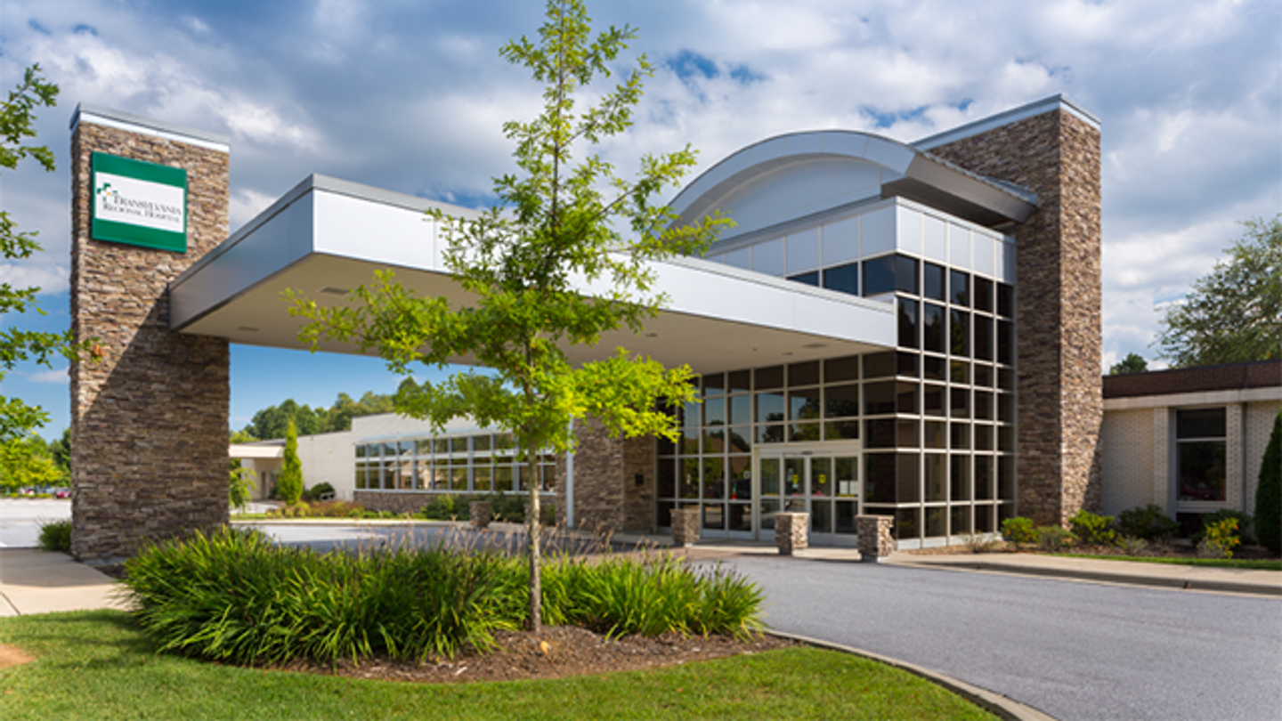 Exterior of the Transylvania Regional Hospital main entrance.