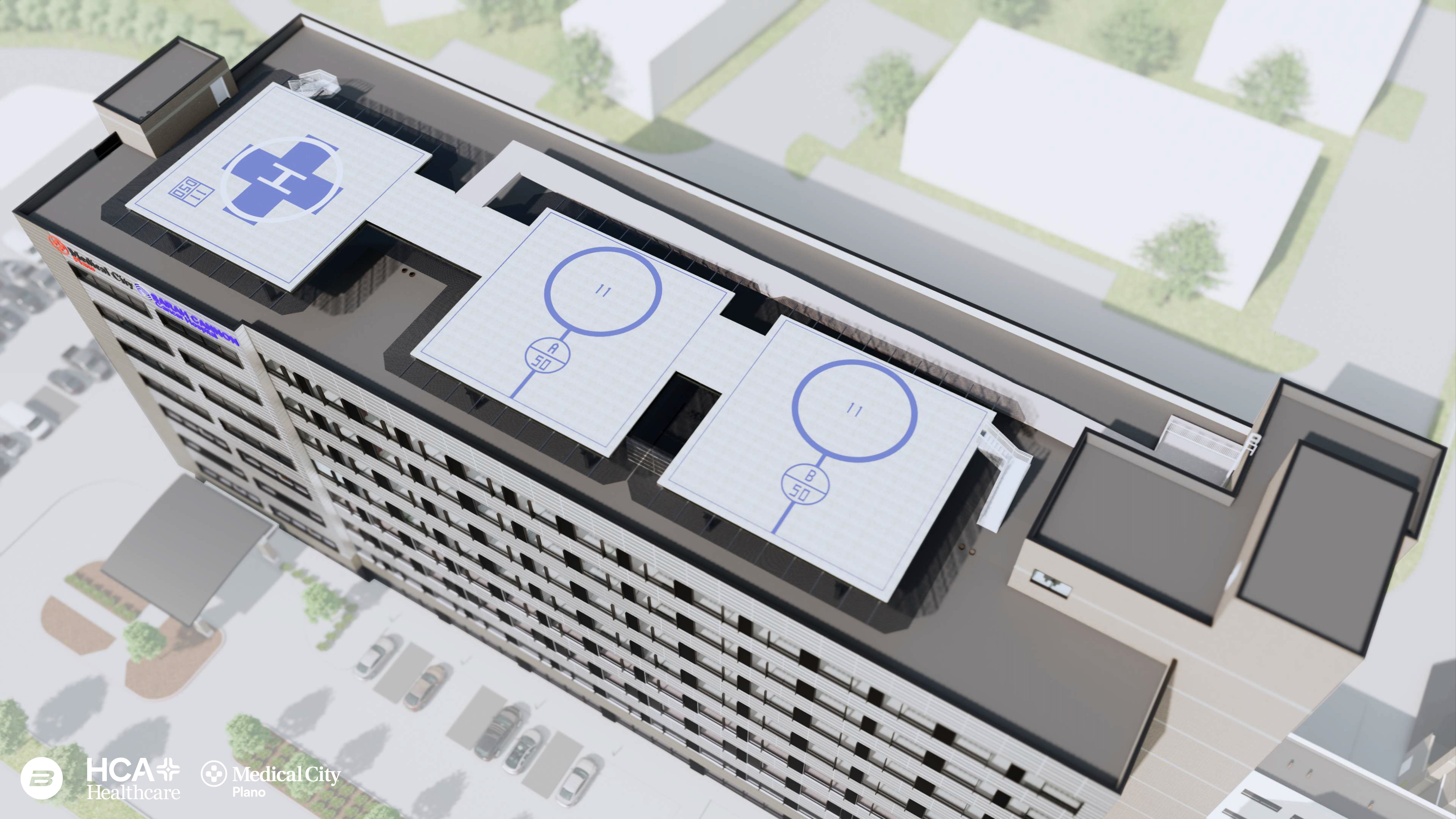  3 designated rooftop spaces for helicopter transports.
