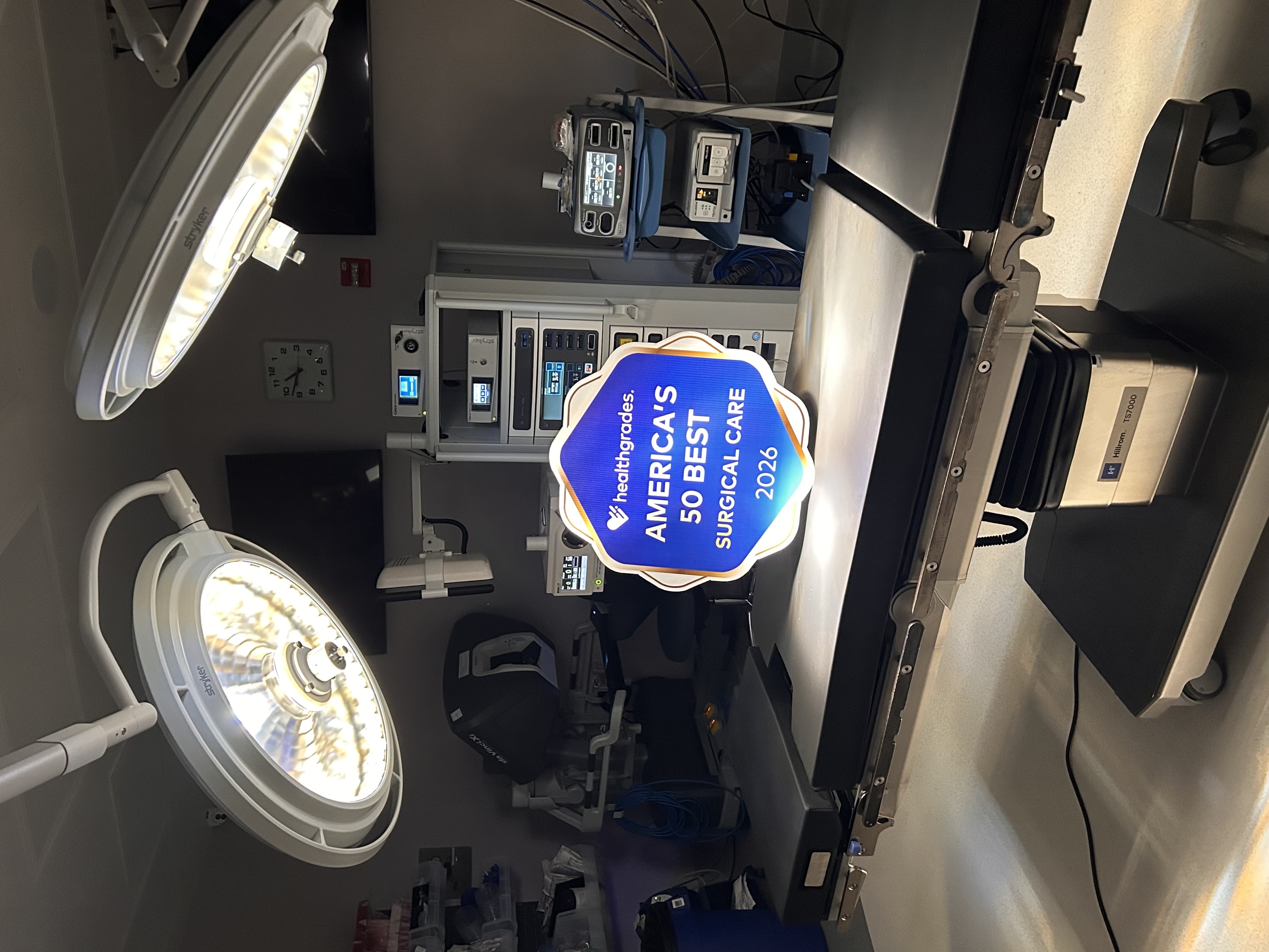The America's Best 50 Hospitals for Surgical Care award badge is spotlighted on operating table at Rapides Regional Medical Center.