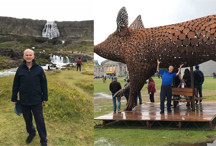 Gary Cox on his travels with a split view; left side shows a picturesque waterfall, while the right side depicts Gary pretending to lift the 'Ode to the Pig' sculpture in Amsterdam.