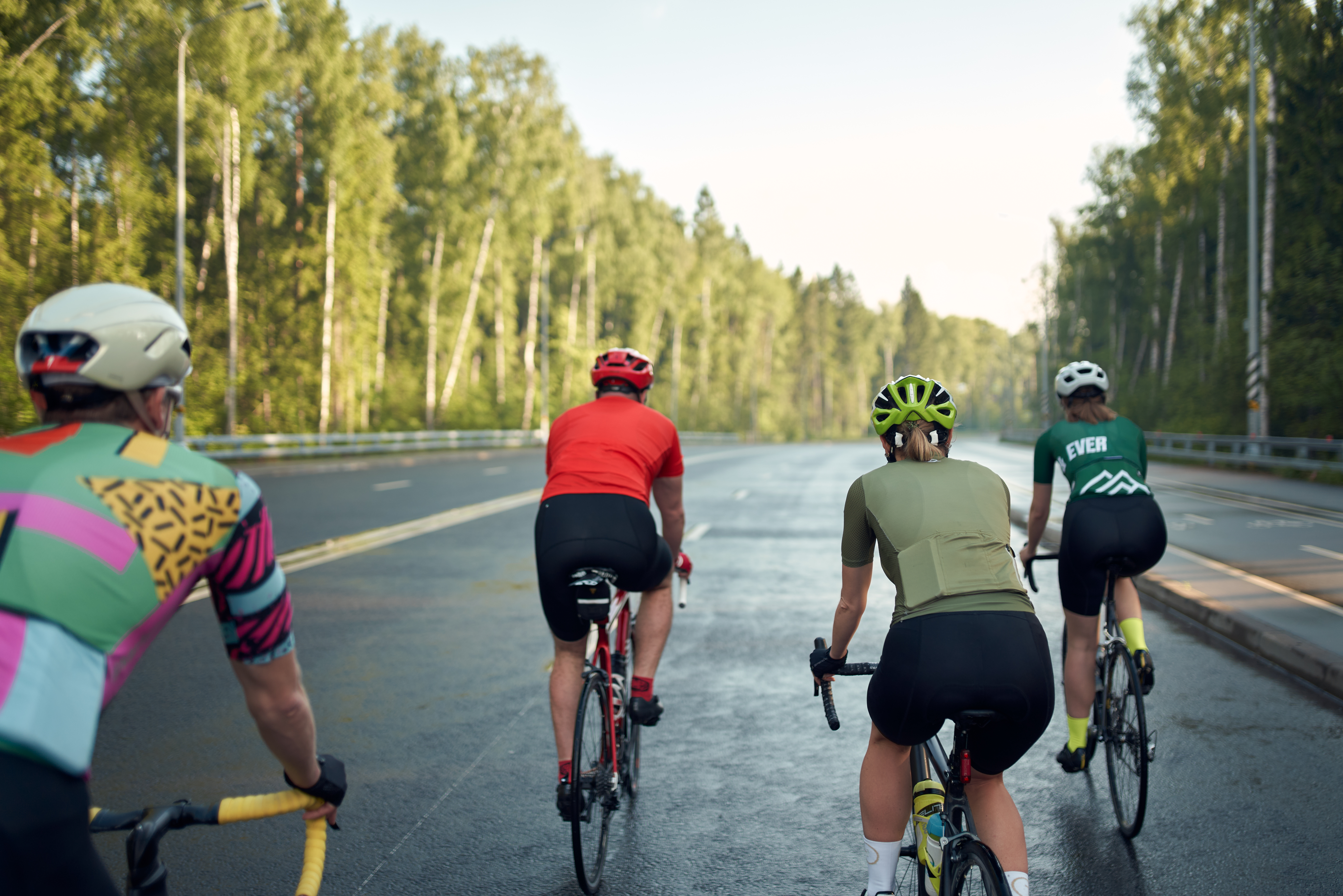 Cycling club on road at countryside.