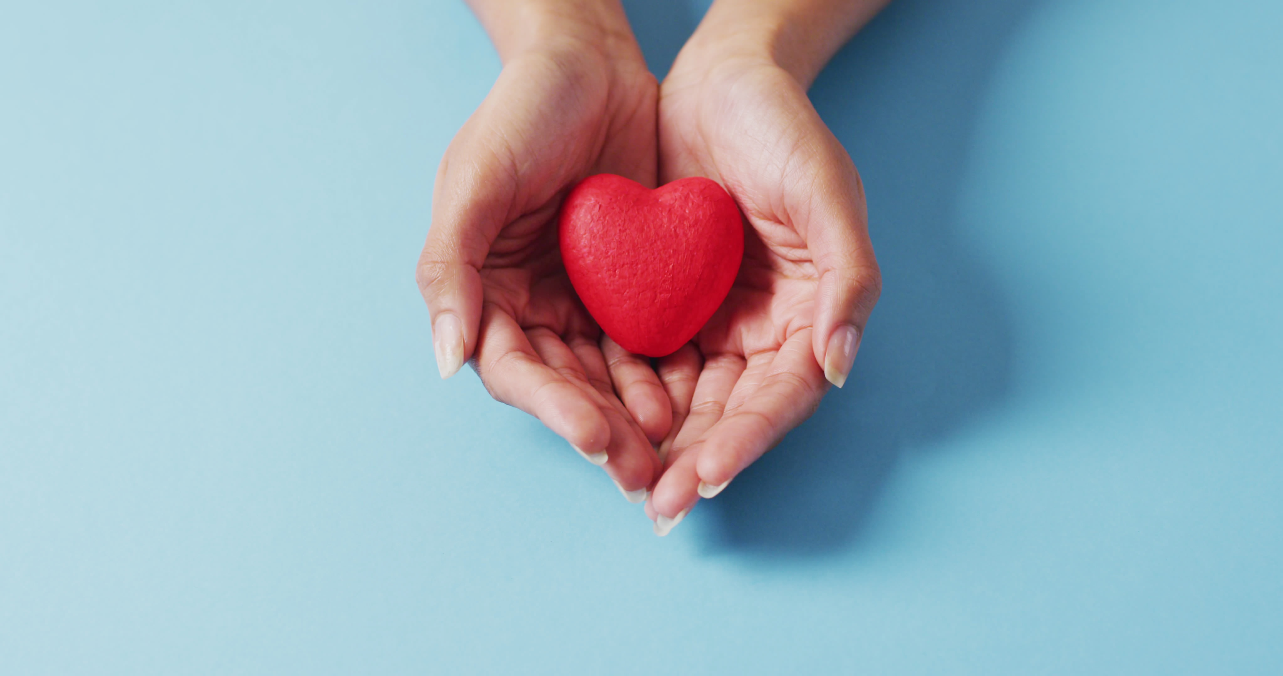 Hands of caucasian woman holding Heart on blue Background