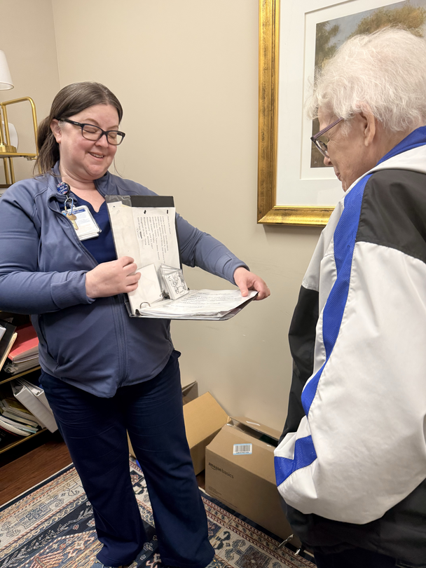 Linda O'Steen visits with Kenna, a speech therapist at TriStar Summit Medical Center