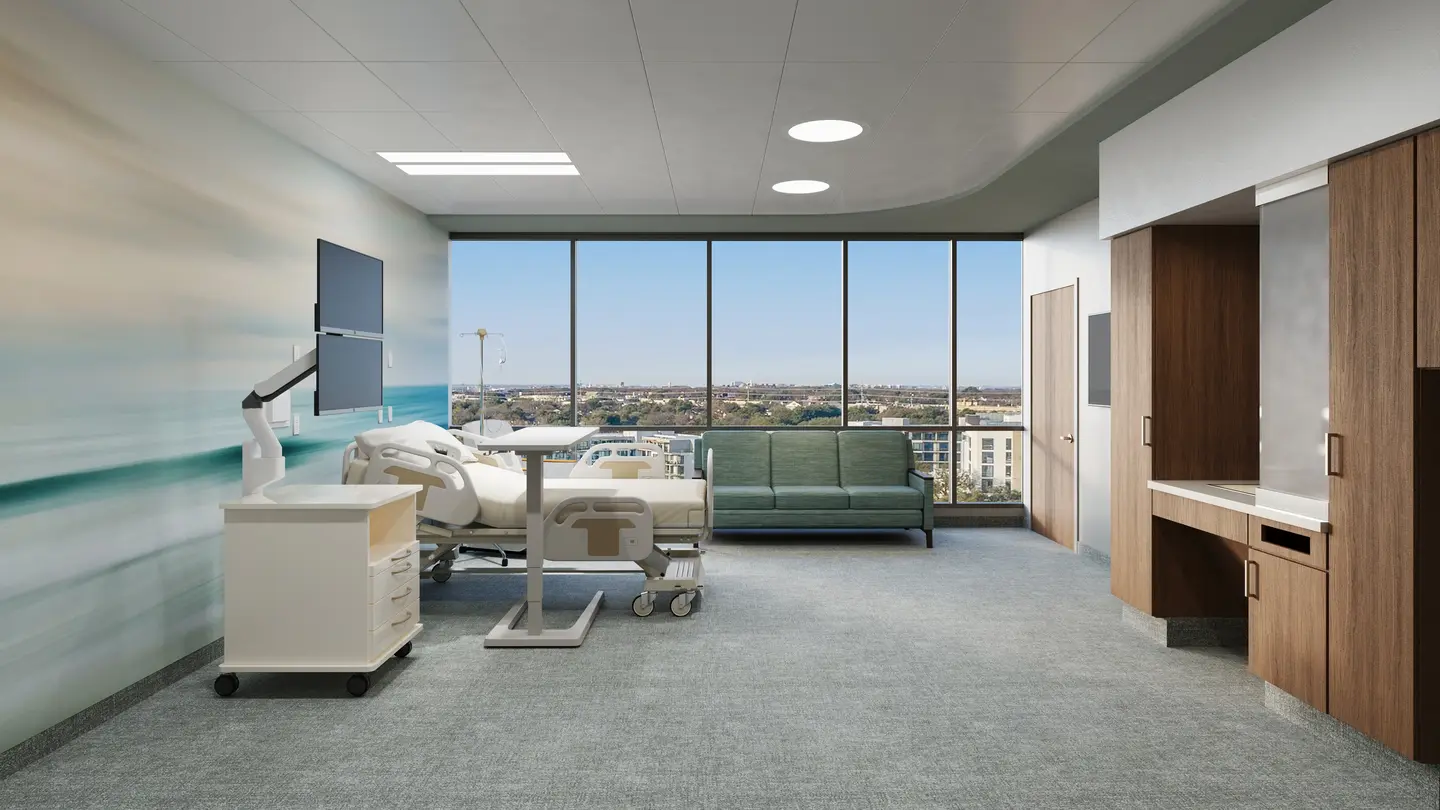 Rendering depicting completed Med Surg patient care area of St. Lucie Hospital