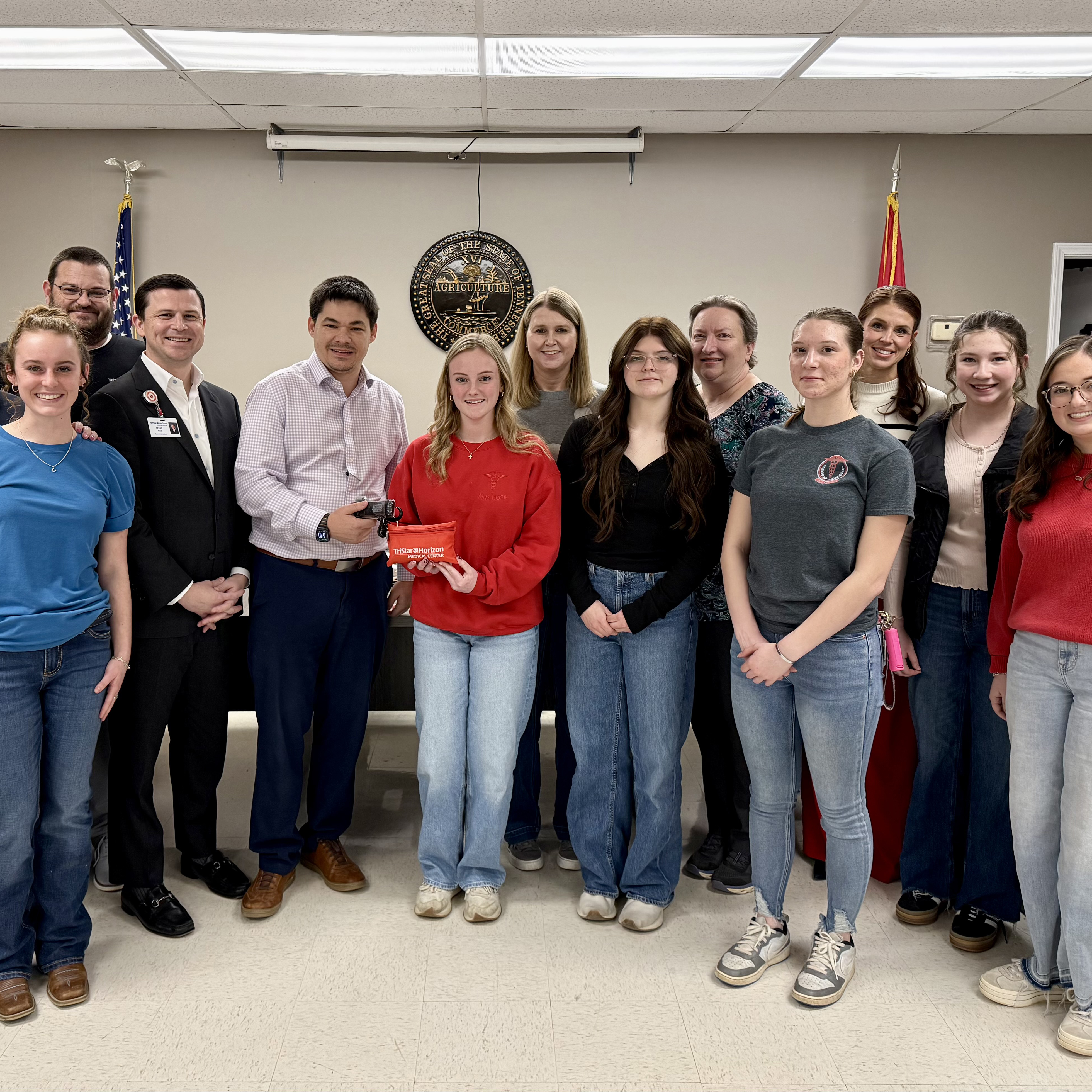 Photo of school board members, students, teachers, Horizon CEO, and Horizon Trauma Director at Humphreys County School Board meeting.