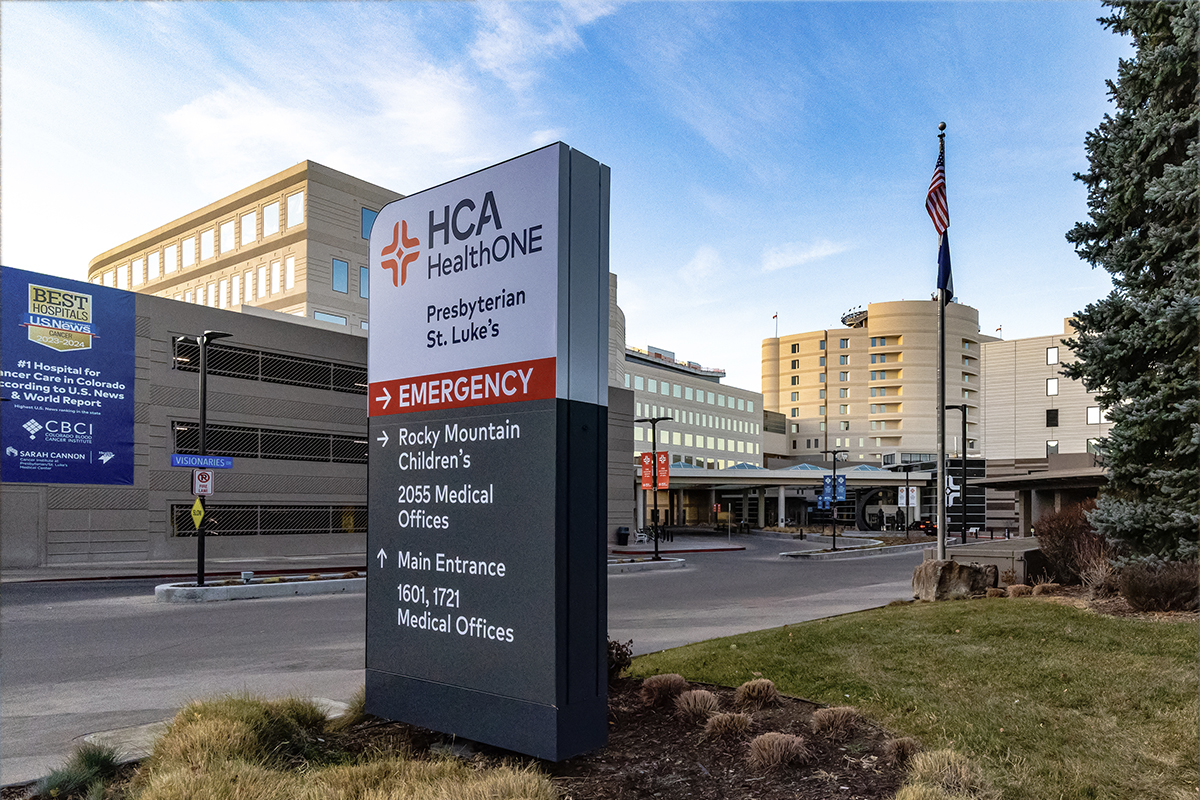 HCA HealthONE Presbyterian St. Luke's Emergency entrance sign.