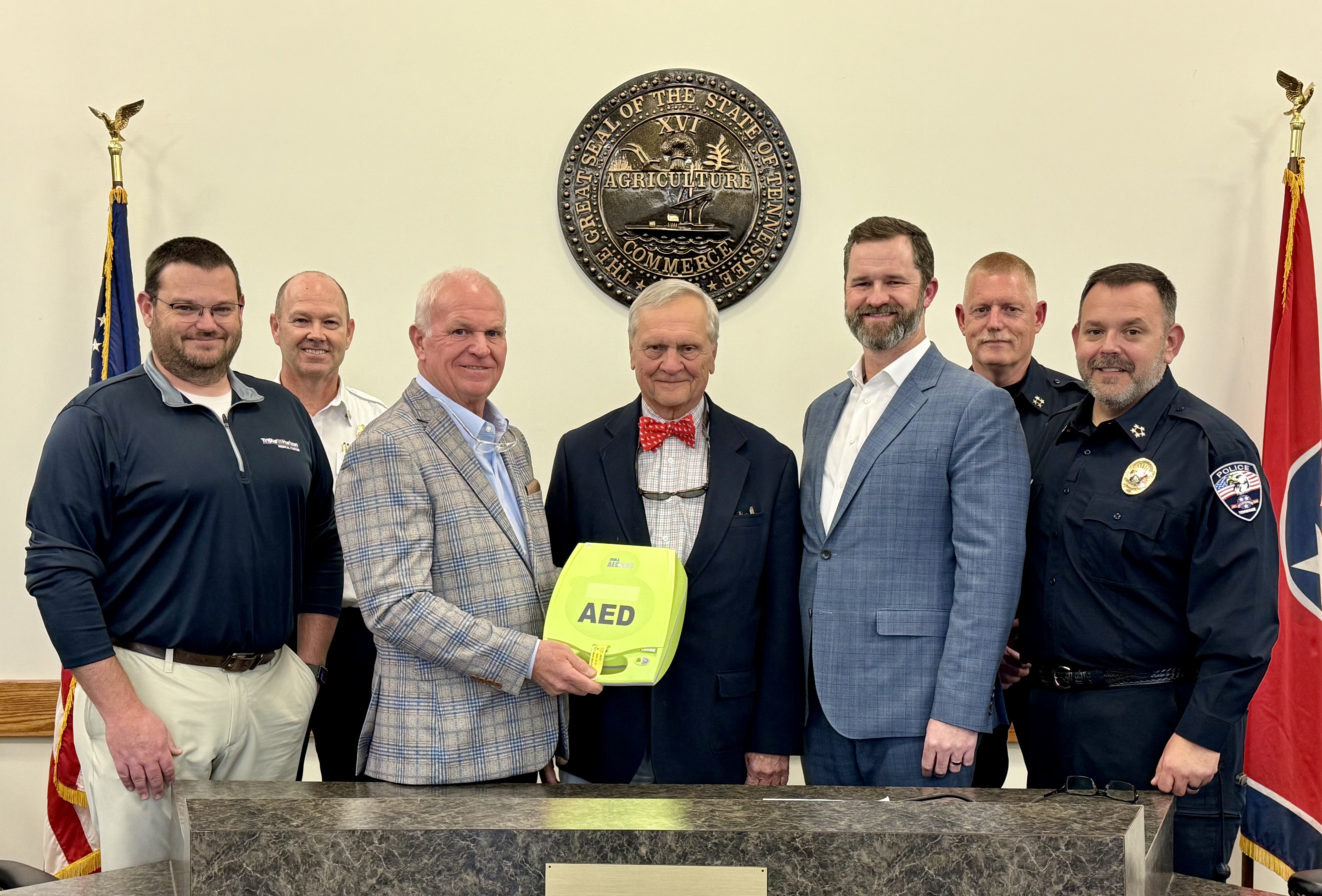 ‌Pictured (Left to Right):  Brent Nix, Dickson Fire Chief Richard Greer, Mayor Weiss, City Attorney Jerry Smith, Tyler Rhoden, Assistant Police Chief Todd Christian, and Police Chief Seth Lyles.