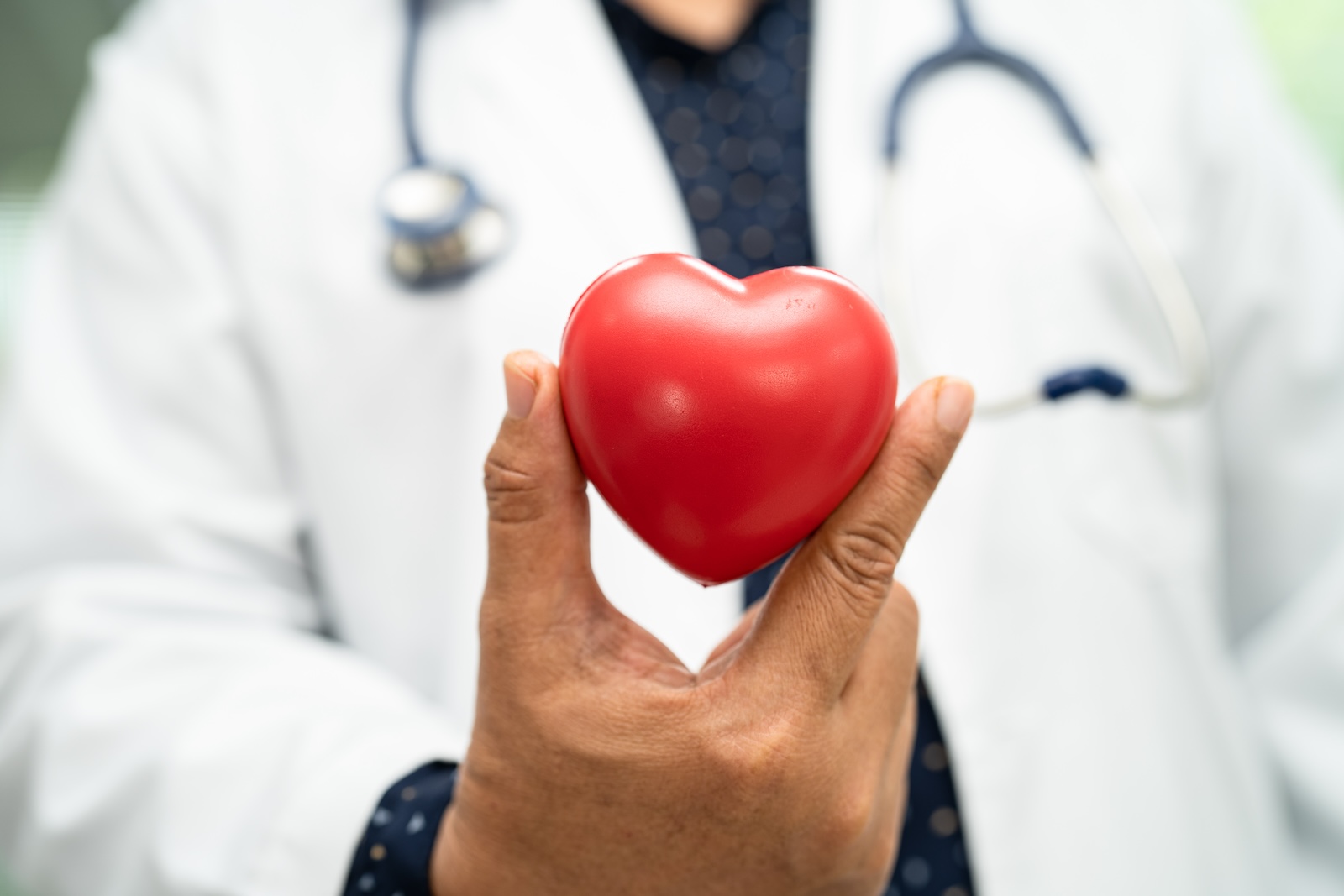 A doctor holds a red, heart-shaped stressball.