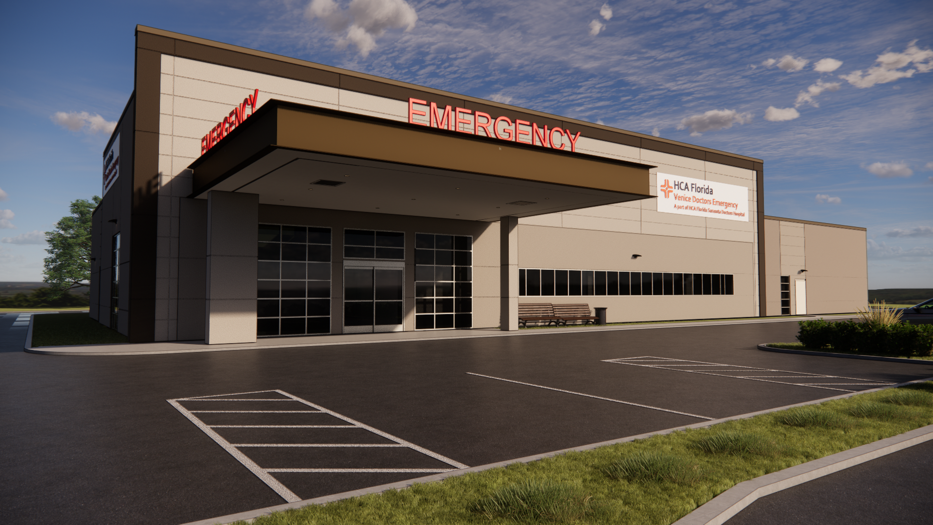 A virtual rendering of the exterior of the Venice Doctors Emergency building.