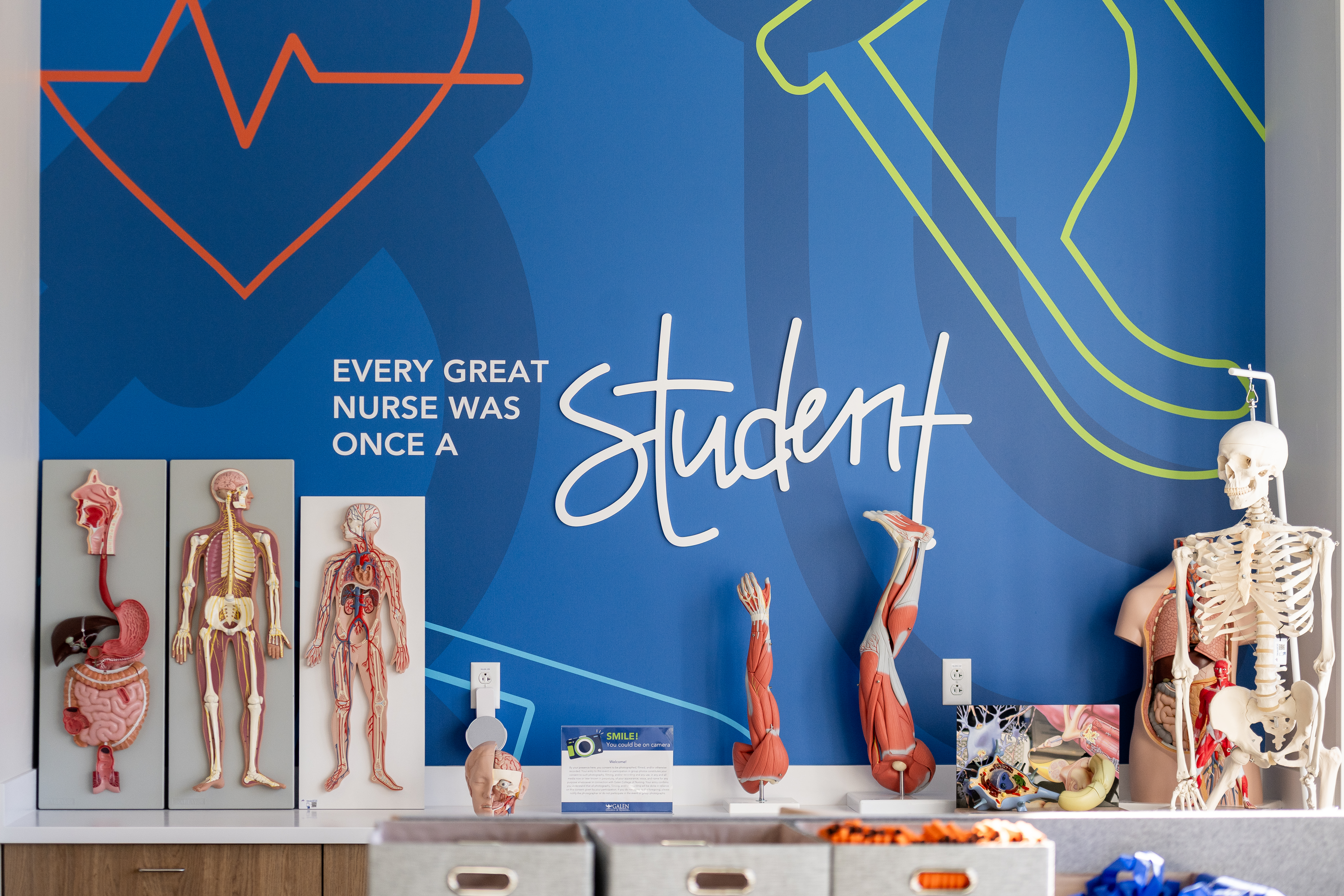 A display of the items used at the college of nursing.