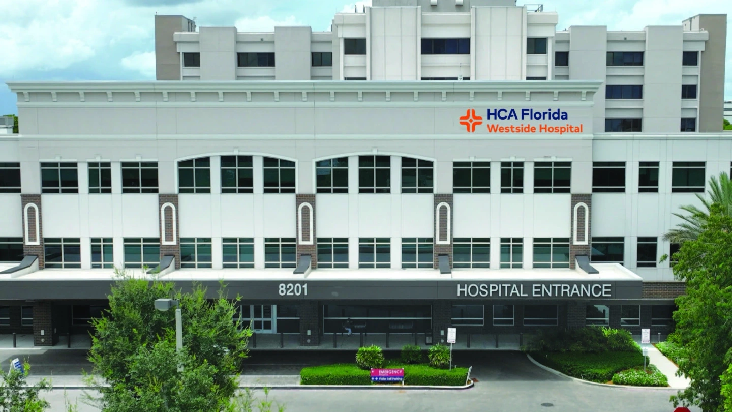 HCA Florida Westside Hospital's front/entrance facade in the daytime
