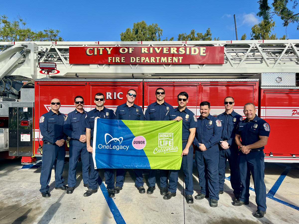 Riverside City Fire Department holds the Donate Life flag at celebration.