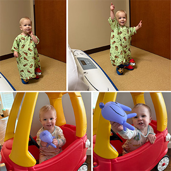 Seth Allen smiles in four pictures, wearing a children's hospital gown in the top two images, and sitting in a play car in the bottom two.