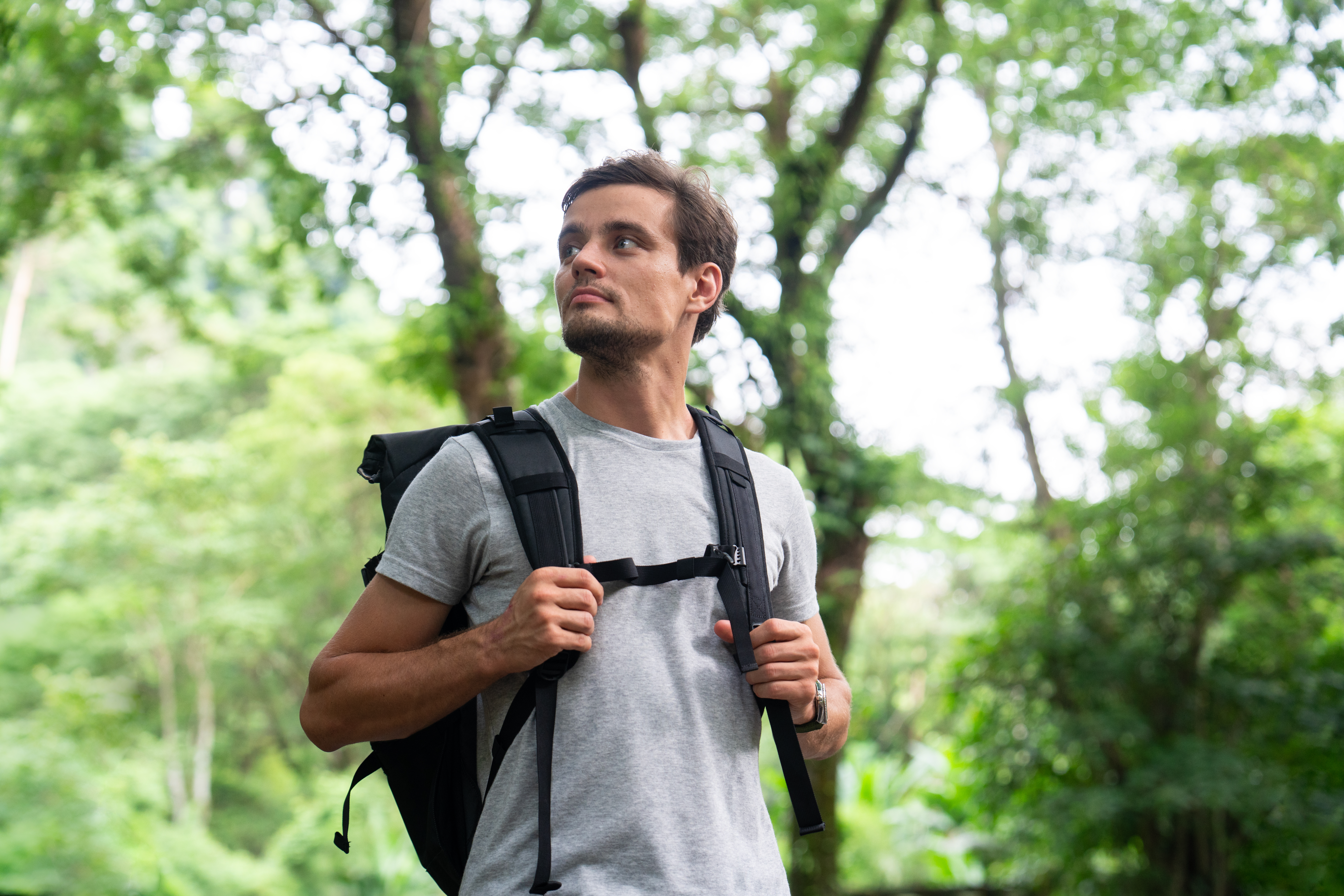 A man with a backpack hikes through a lush green forest, looking up and enjoying the natural surroundings.