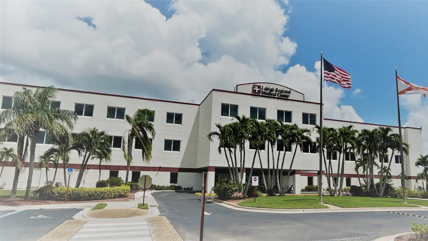 Exterior rendering of the front entrance of HCA Florida Lehigh Hospital.