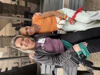 Claudette Dunnaway and friend on a park bench.