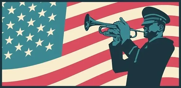 Cartoon drawn American flag with a man playing a trumpet standing in front.