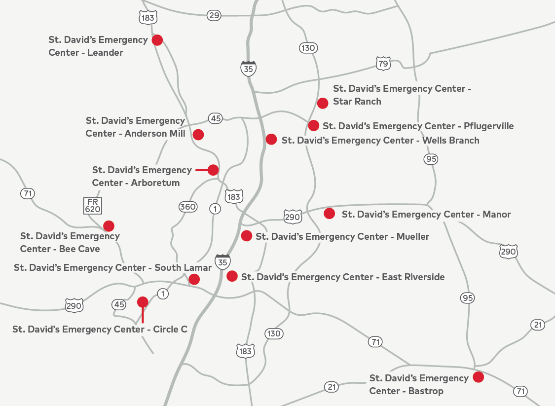 Map showing the locations of St. David's HealthCare's freestanding emergency room centers in Central Texas.