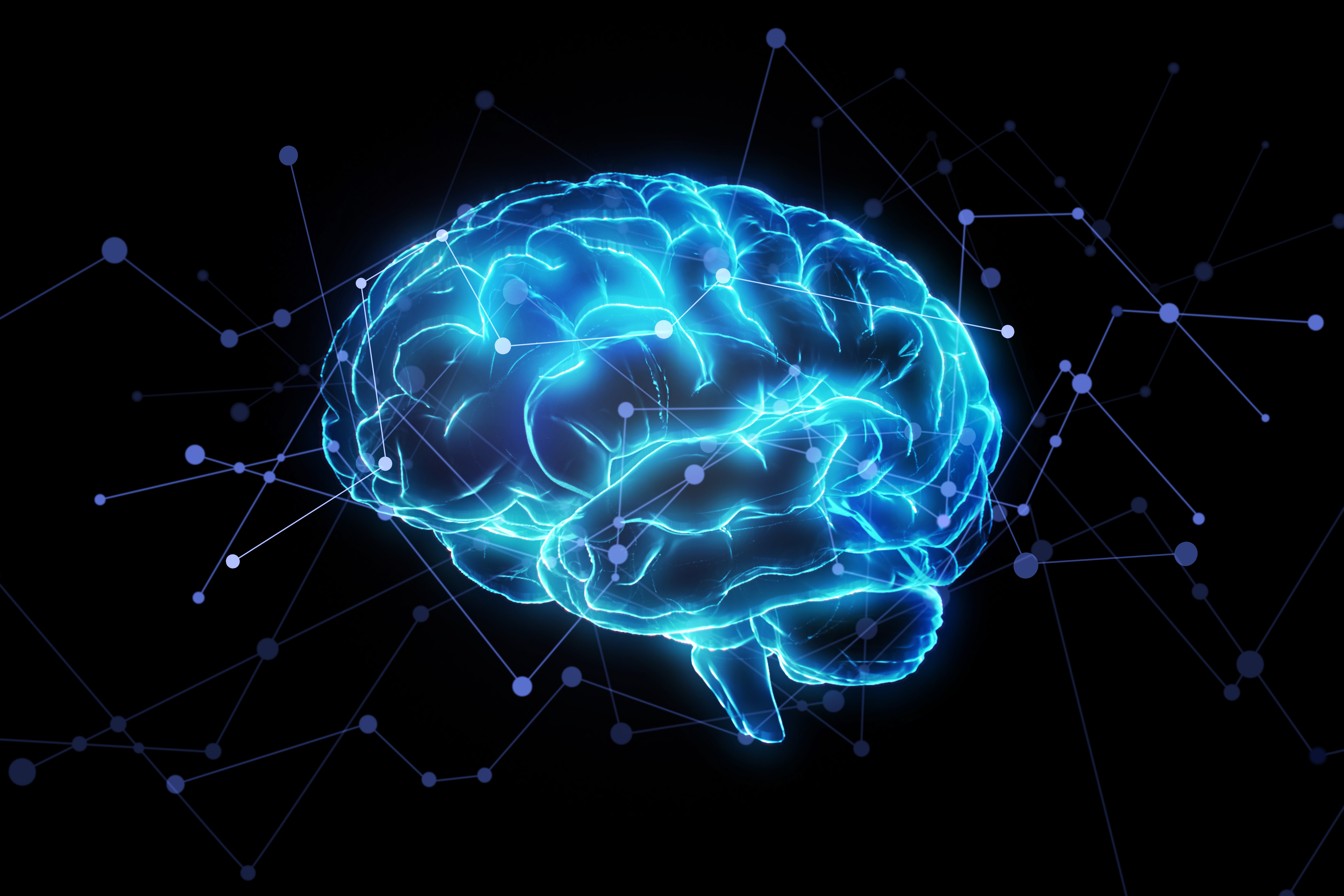 An illustration of the human brain in neon blue light over a black background, with dotted lines superimposed over it.