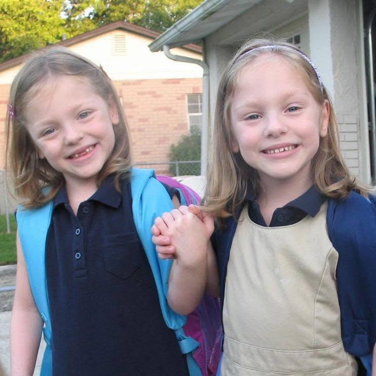 Hannah and Kate dressed for first day of kindergarten.