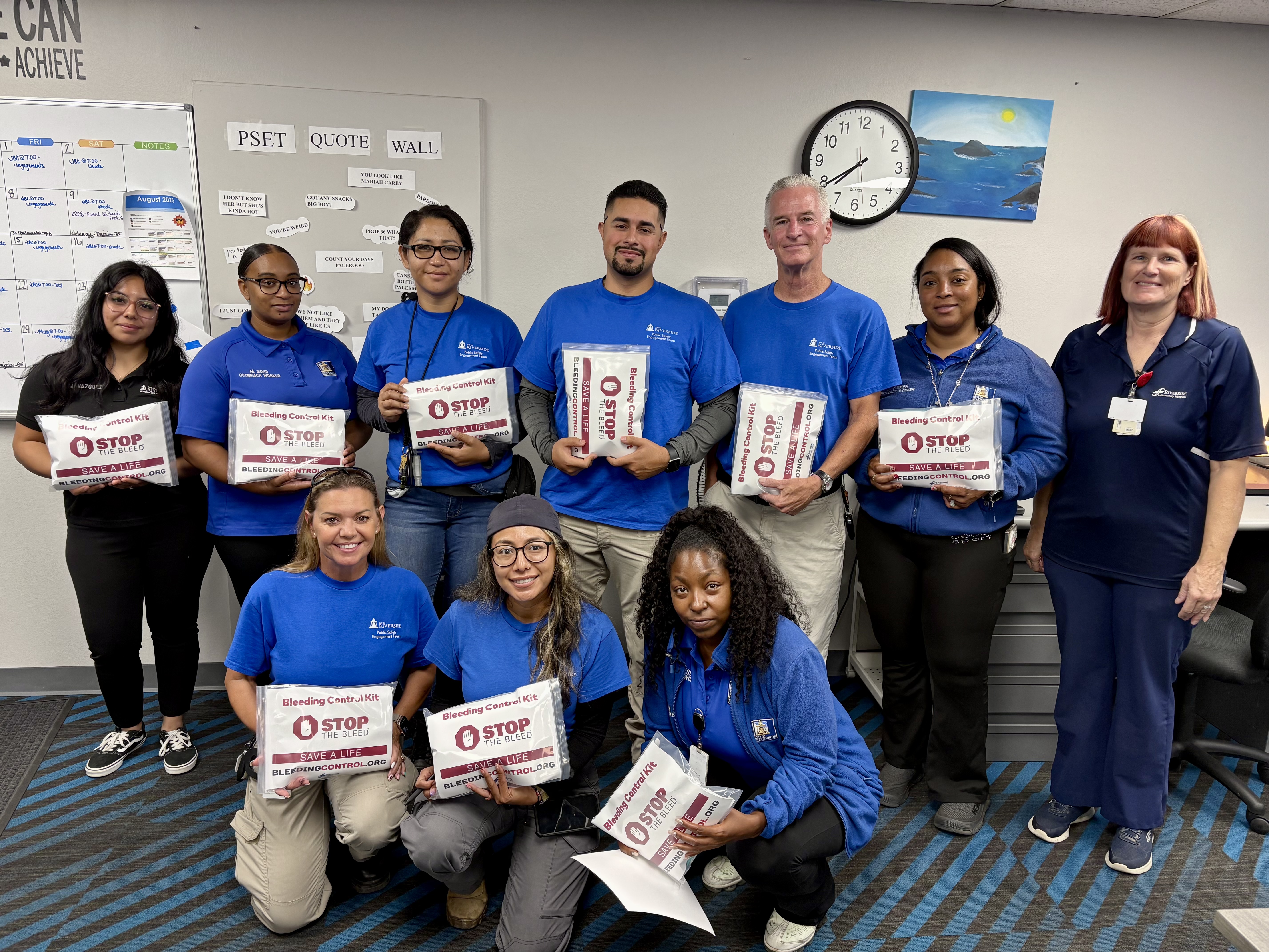 Wendy, the stop the bleed instructor at RCH, poses with the members of the City of Riverside public safety and engagement team with the kits the hospital made and donated.