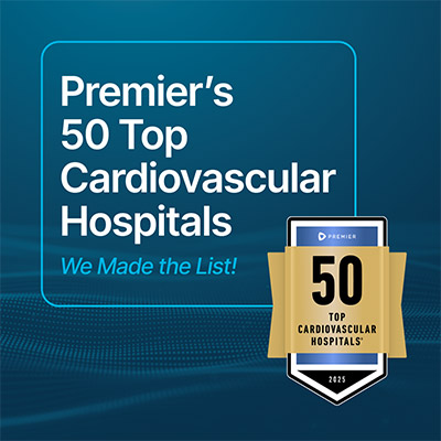 Graphic with text "Premier 50 Top Cardiovascular Hospitals 2025 We Made the List".