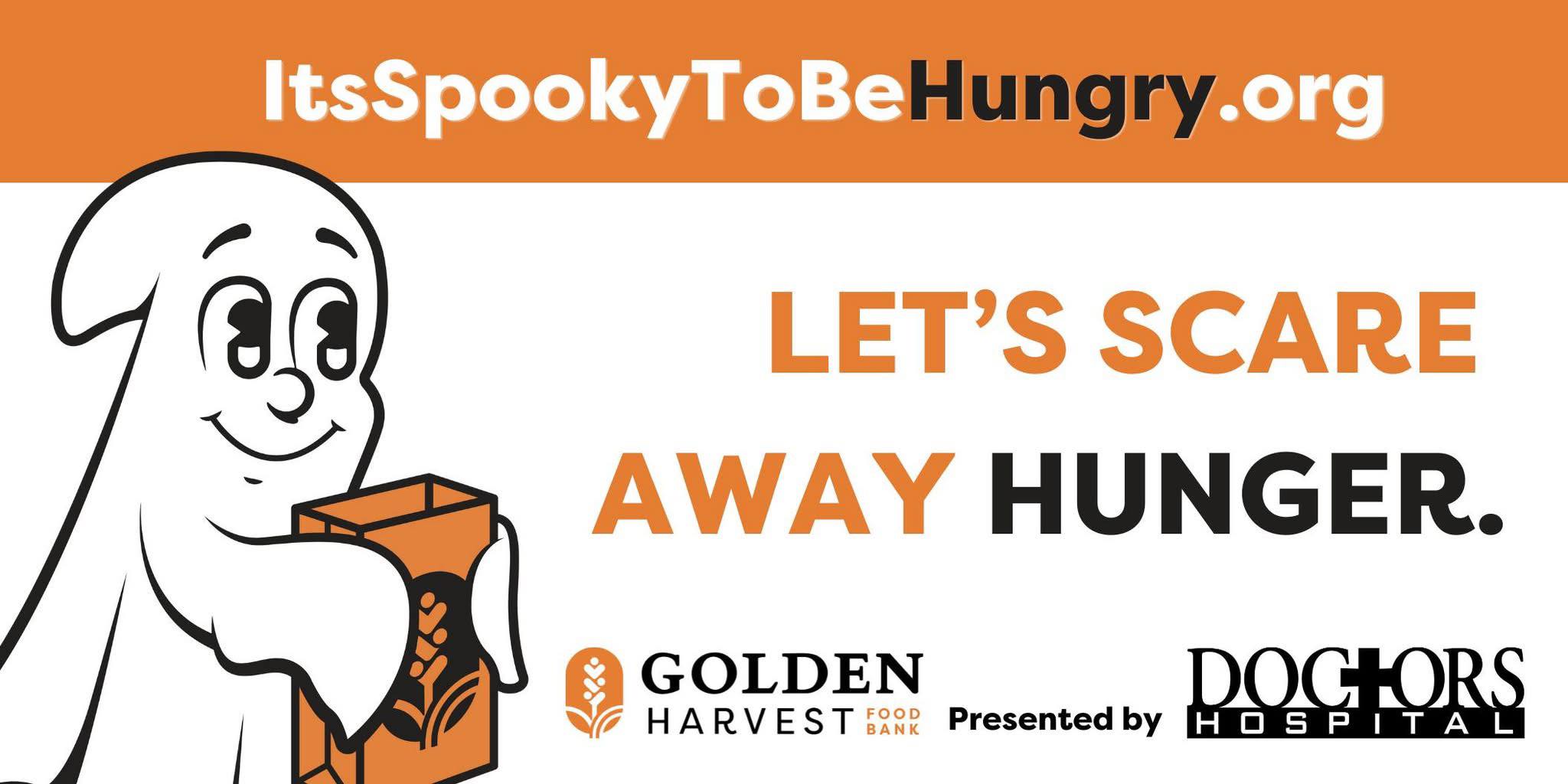 Illustration showing of a ghost and text that says "It's spooky to be hungry, let's scare away hunger."