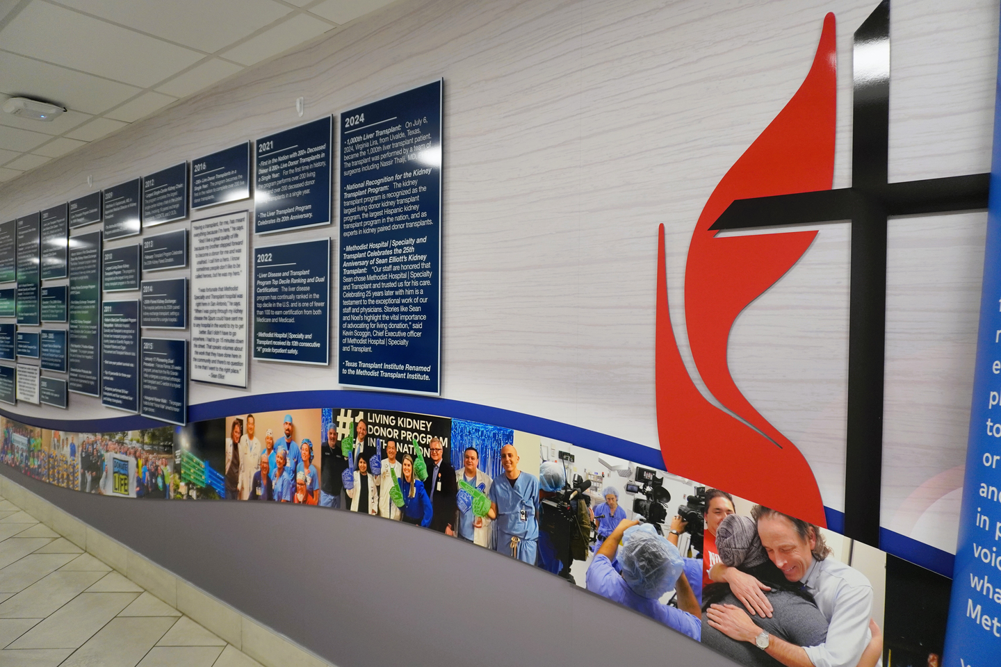 Photo showing of the new history wall at the Methodist Hospital Specialty and Transplant.