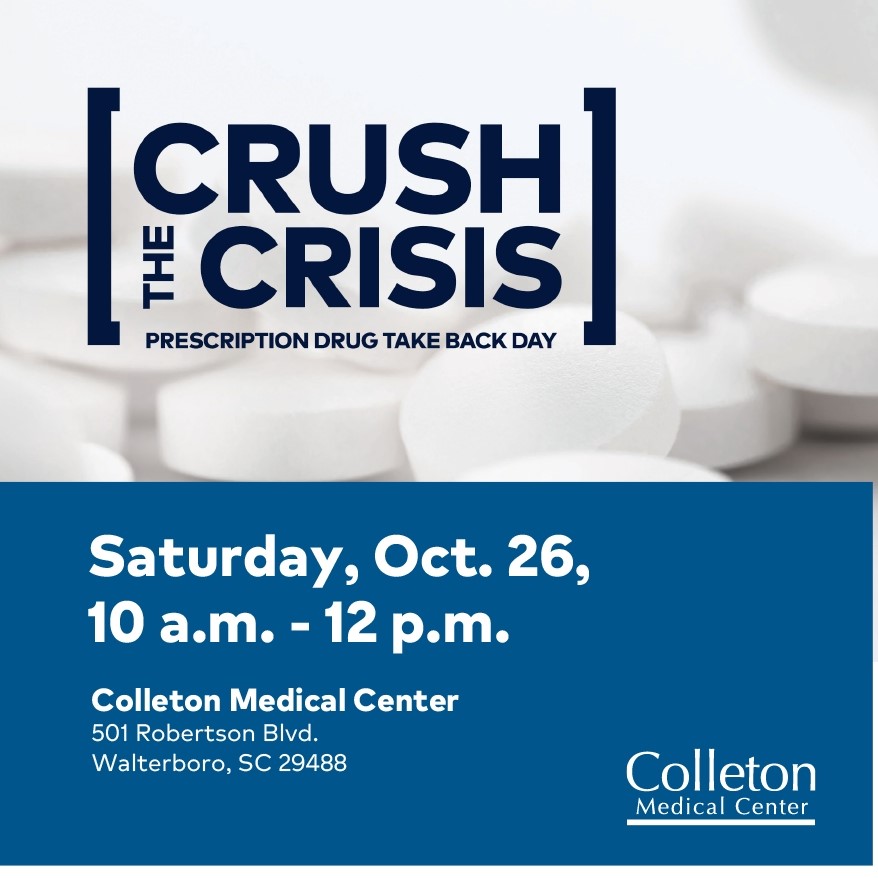 Image text reads: 'Crush the Crisis' 'Prescription Drug Take Back Day' '5 Years Taking Back Giving Back'  'Saturday, Oct. 26, 10 a.m. - 2 p.m.'