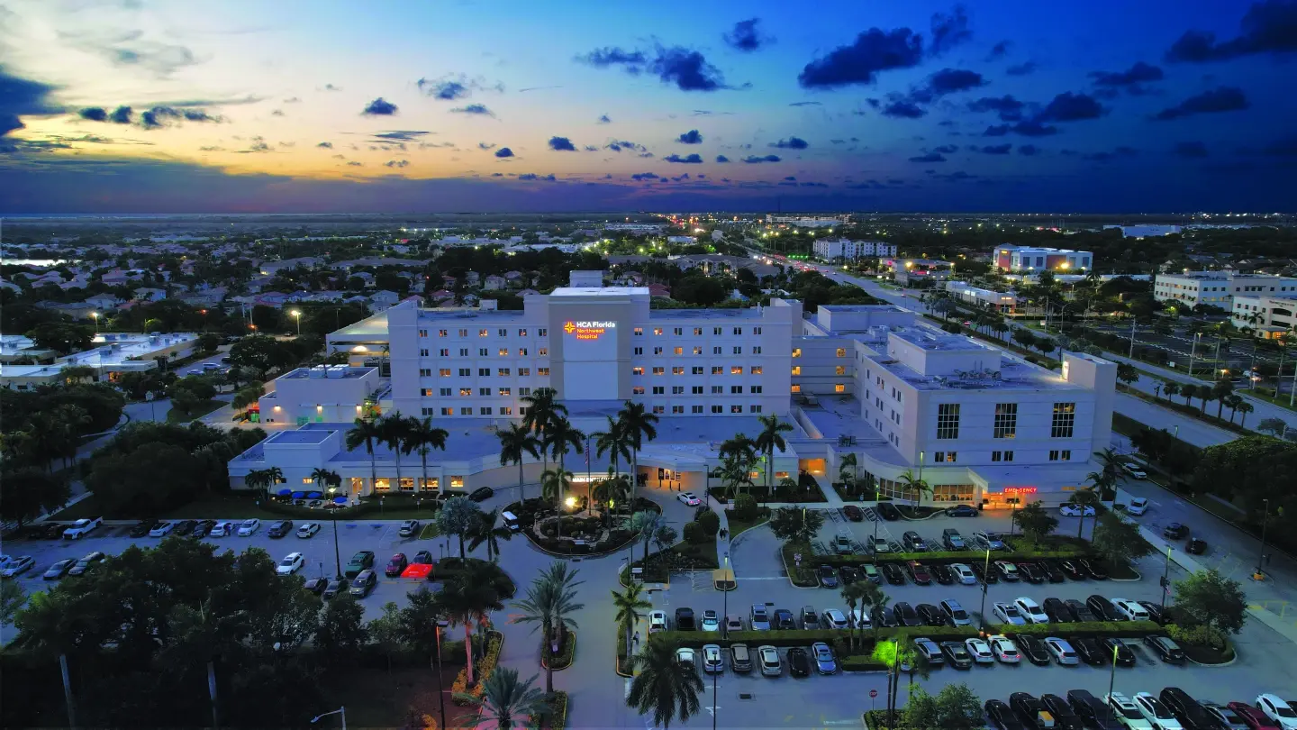 Photo of HCA Florida Northwest Hospital exterior evening time high shot
