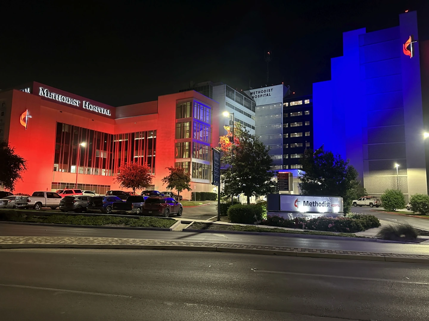 Hospital exteriors are shining red, white, and blue marking the 23rd anniversary of the September 11, 2001 attacks.