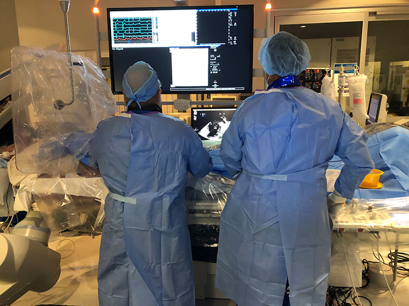 Two surgeons, seen from behind while performing surgery, focus on a diagnostic screen showing an image of the heart.