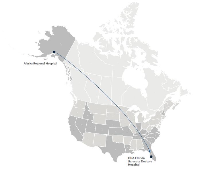 Map of north America showing flight distance from Alaska to Florida hospitals where the babies were born.