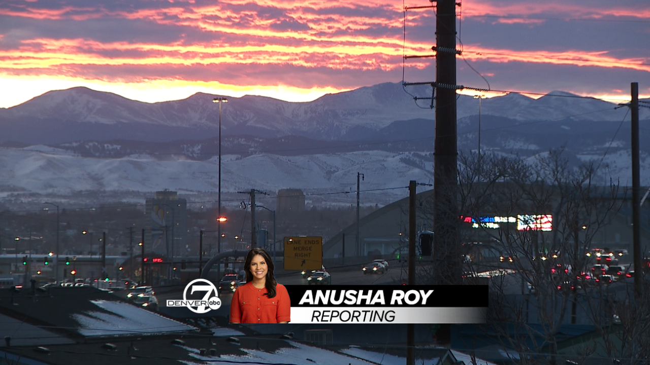 Colorado mountains at sunset, with graphic of Anusha Roy Reporting.